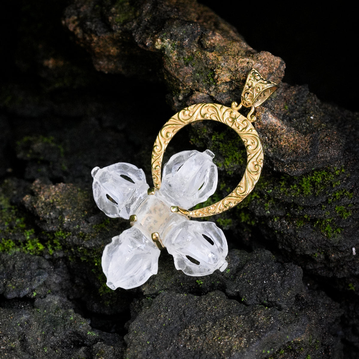 Starborn Carved Quartz Phurba Pendant in Filigree Style Sterling Silver