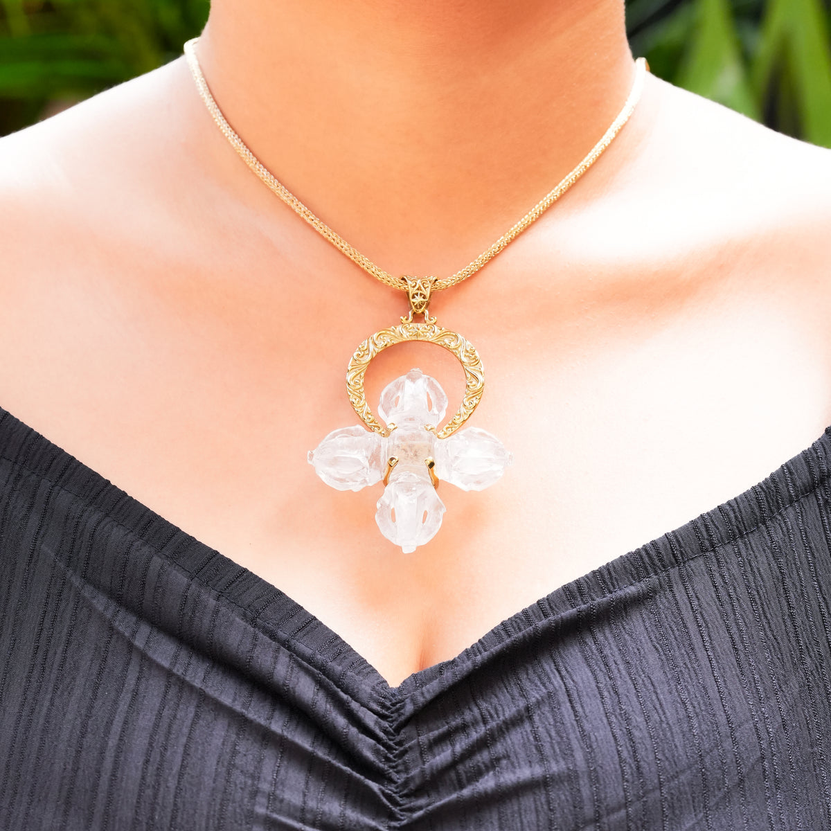 Starborn Carved Quartz Phurba Pendant in Filigree Style Sterling Silver