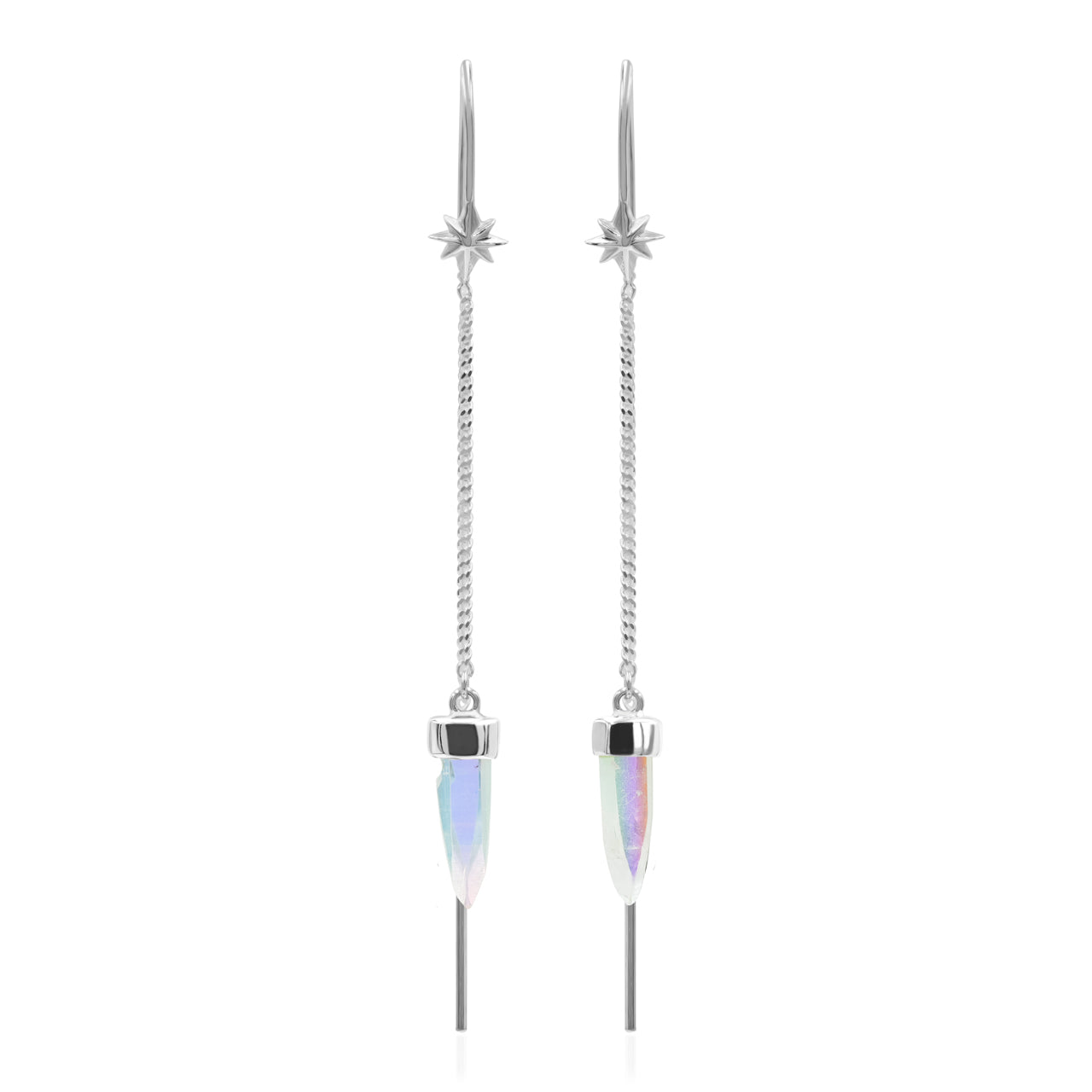 Starborn Quartz Crystal Threader Earring with Star Accents in Sterling Silver