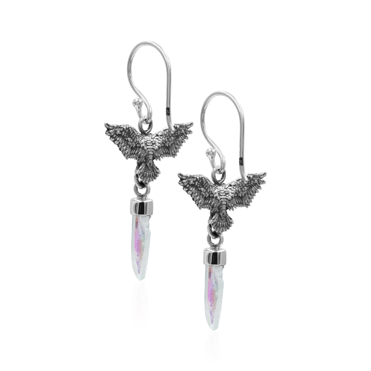 Starborn Angel Aura Quartz Crystal in Sterling Silver Eagle Earrings