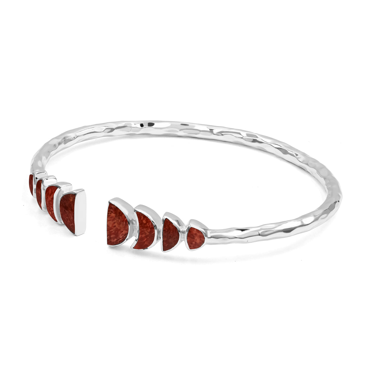 Starborn Coral with Partial Lunar Eclipse Design Open Bangle Bracelet in Sterling Silver