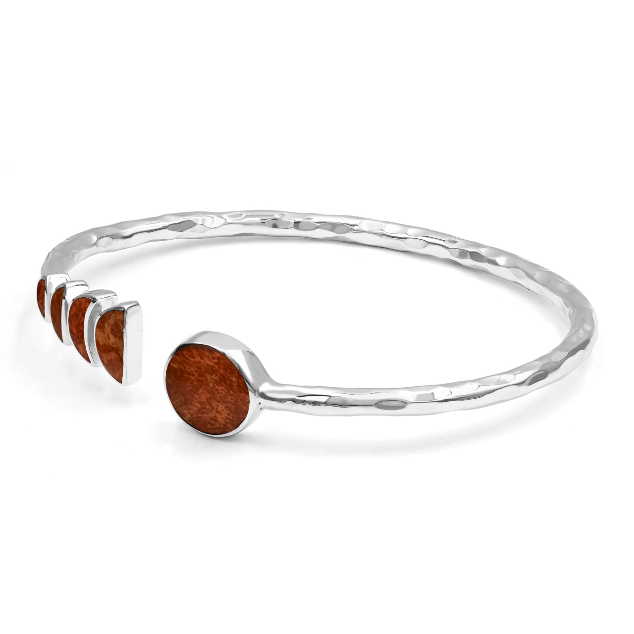 Starborn Open Bangle Bracelet with Moon Phase Red Coral Design in Sterling Silver