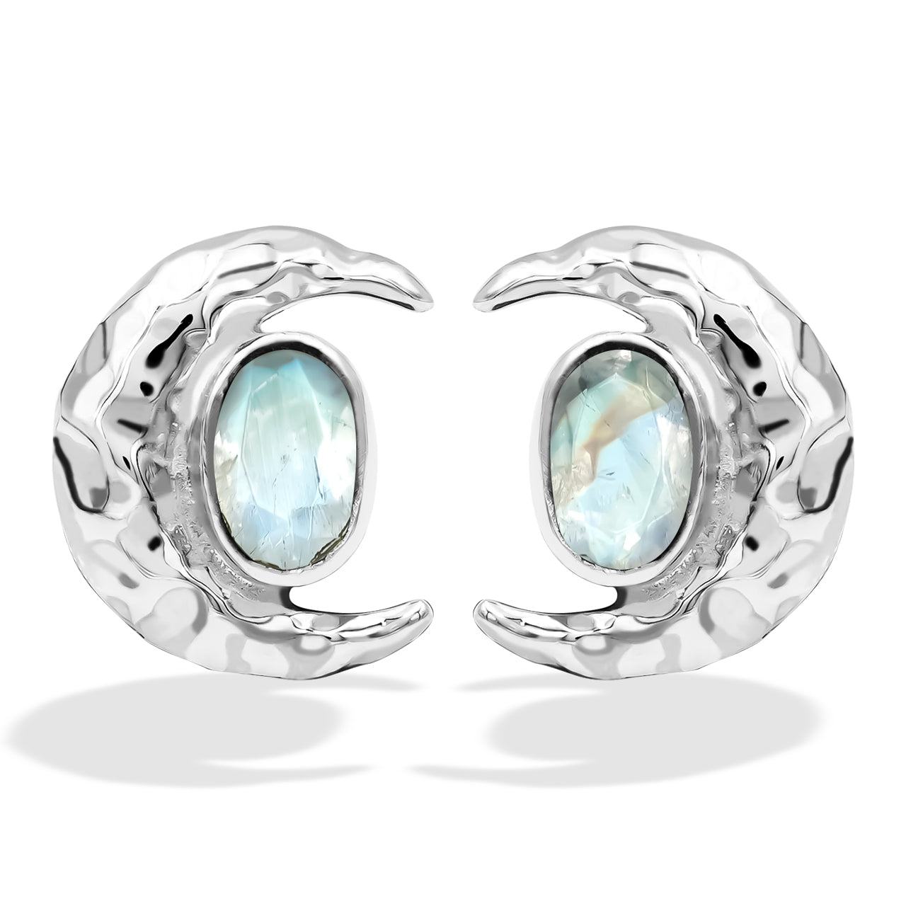 Starborn Faceted Oval Rainbow Moonstone Post Earrings with Hammered Crescent Moon Accent in Sterling Silver