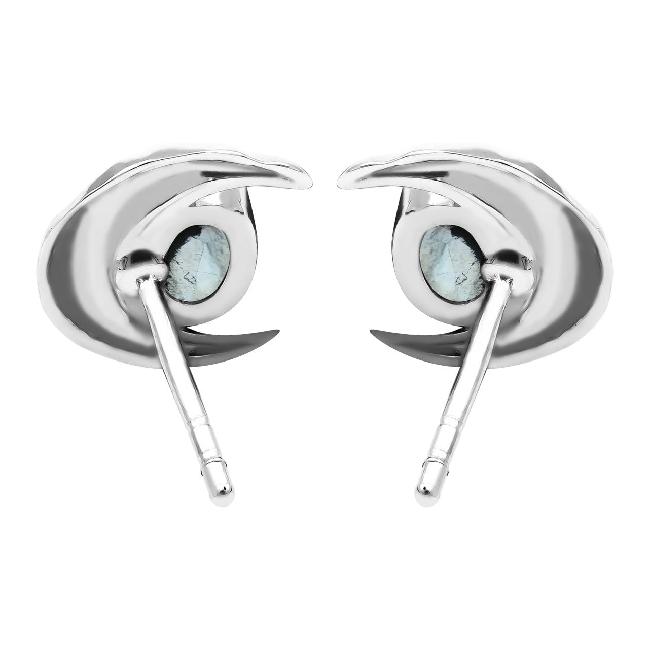 Starborn Faceted Oval Rainbow Moonstone Post Earrings with Hammered Crescent Moon Accent in Sterling Silver