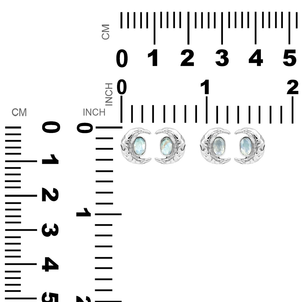 Starborn Faceted Oval Rainbow Moonstone Post Earrings with Hammered Crescent Moon Accent in Sterling Silver
