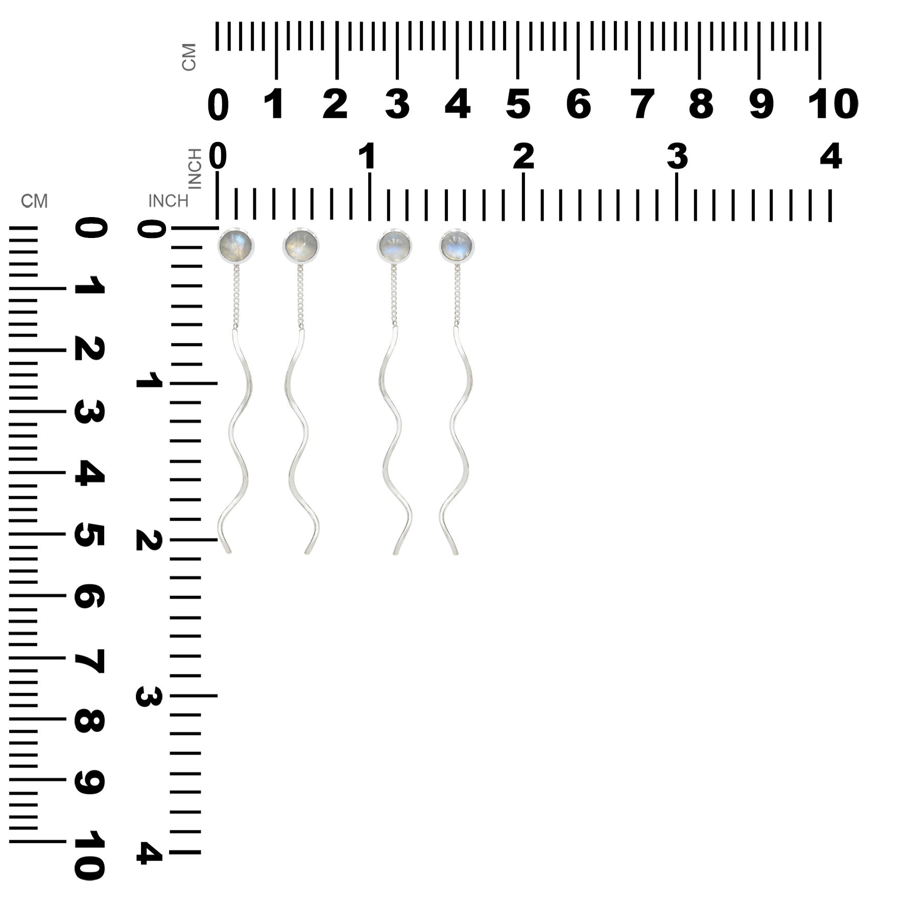 Starborn Polished Rainbow Moonstone Stud Earrings with Flowing Curled Wire Drop in Sterling Silver