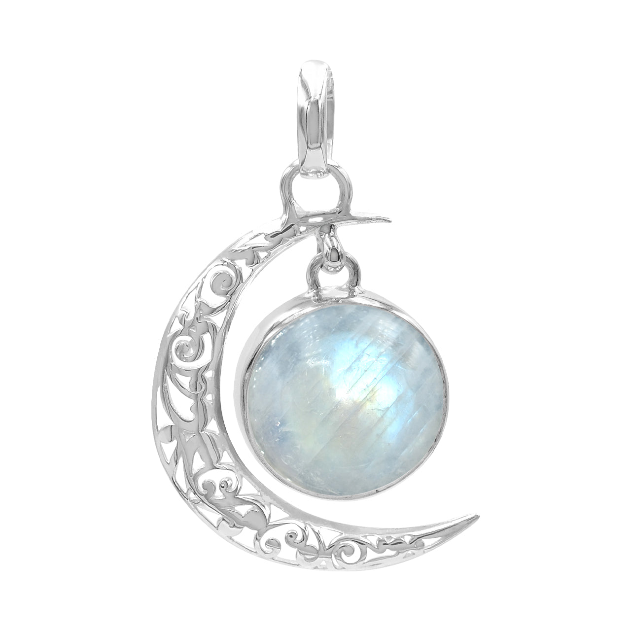 Starborn Rainbow Moonstone Crescent Moon Filigree Pendant in Sterling Silver