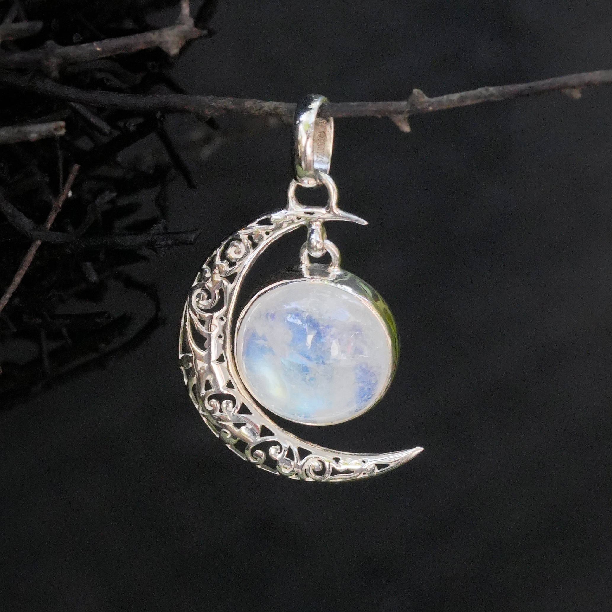 Starborn Rainbow Moonstone Crescent Moon Filigree Pendant in Sterling Silver