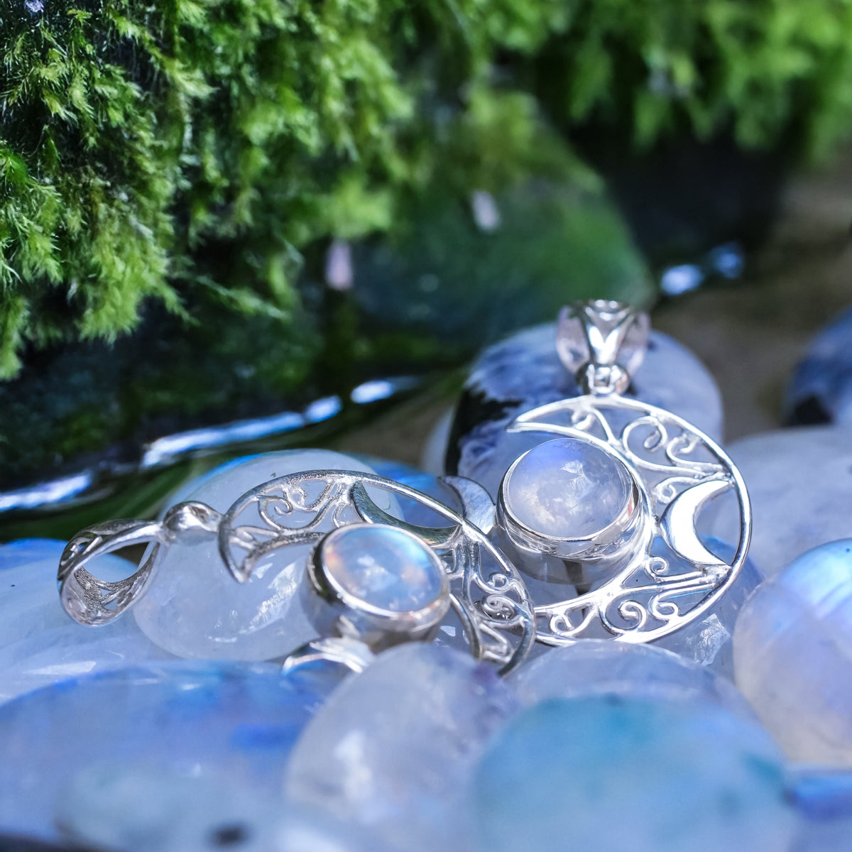 Starborn Rainbow Moonstone Triple Moon Filigree Pendant in Sterling Silver