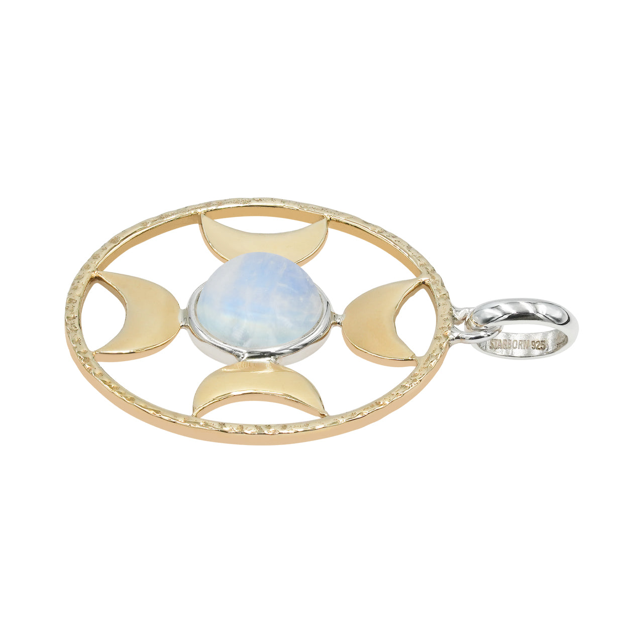 Starborn Kugel Regenbogen-Mondstein Richtungsorientierter Halbmond-Anhänger aus Sterlingsilber