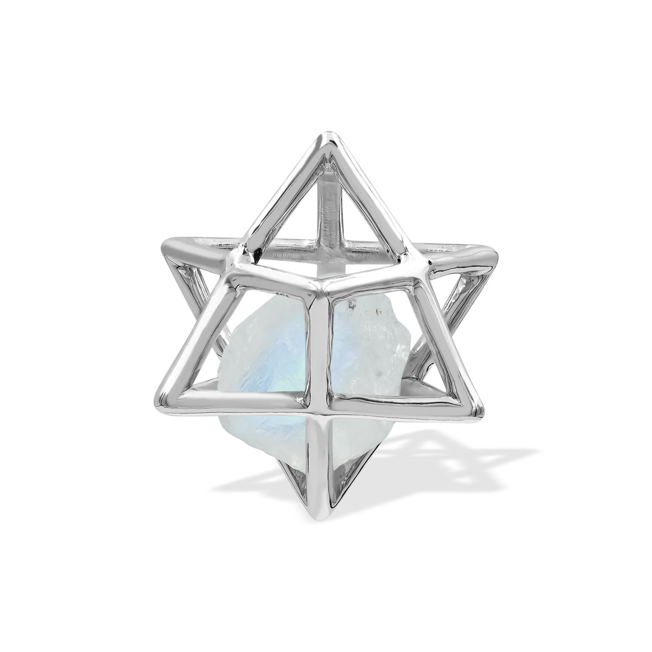 Starborn Natural Raw Rainbow Moonstone in Merkabah Sterling Silver Cage Pendant and Chain