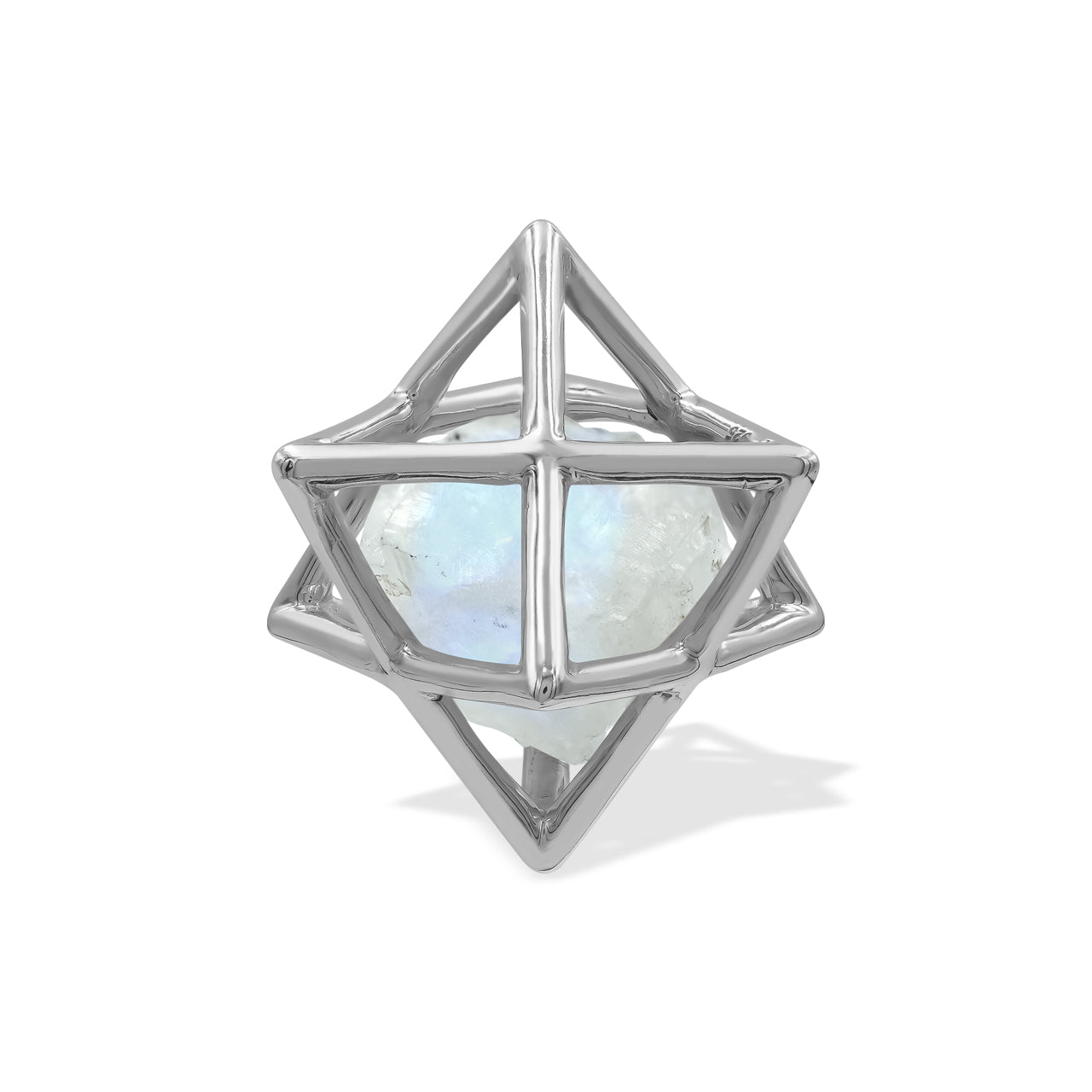 Starborn Natural Raw Rainbow Moonstone in Merkabah Sterling Silver Cage Pendant and Chain