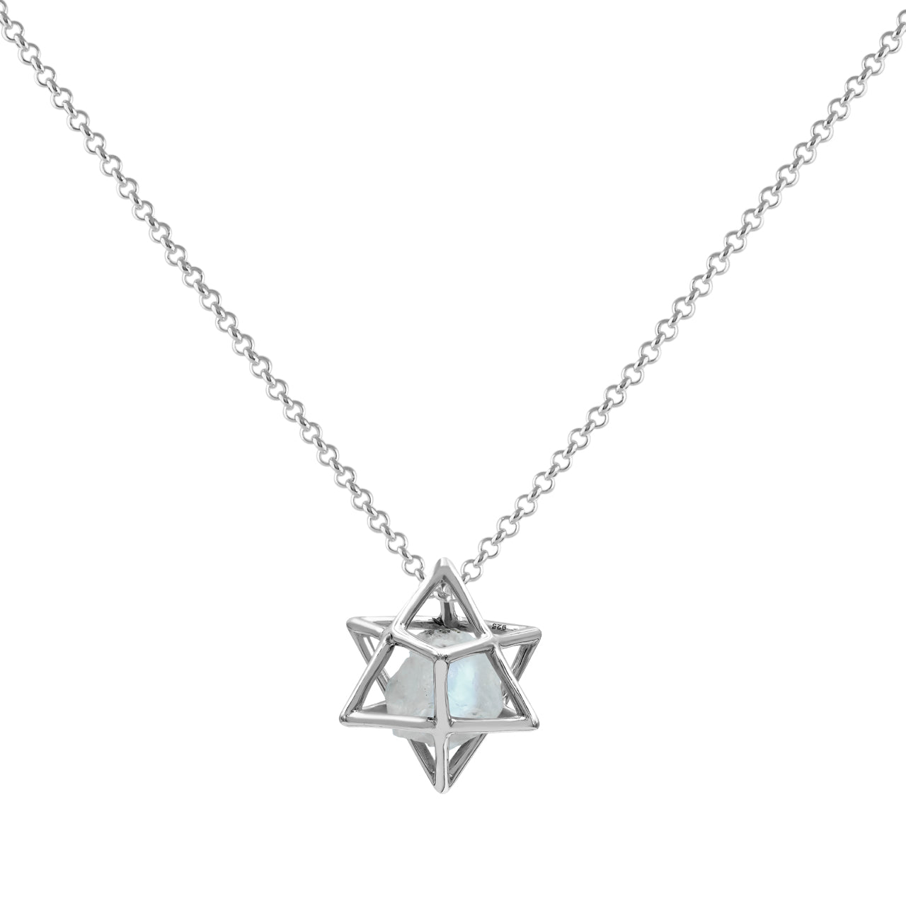 Starborn Natural Raw Rainbow Moonstone in Merkabah Sterling Silver Cage Pendant and Chain