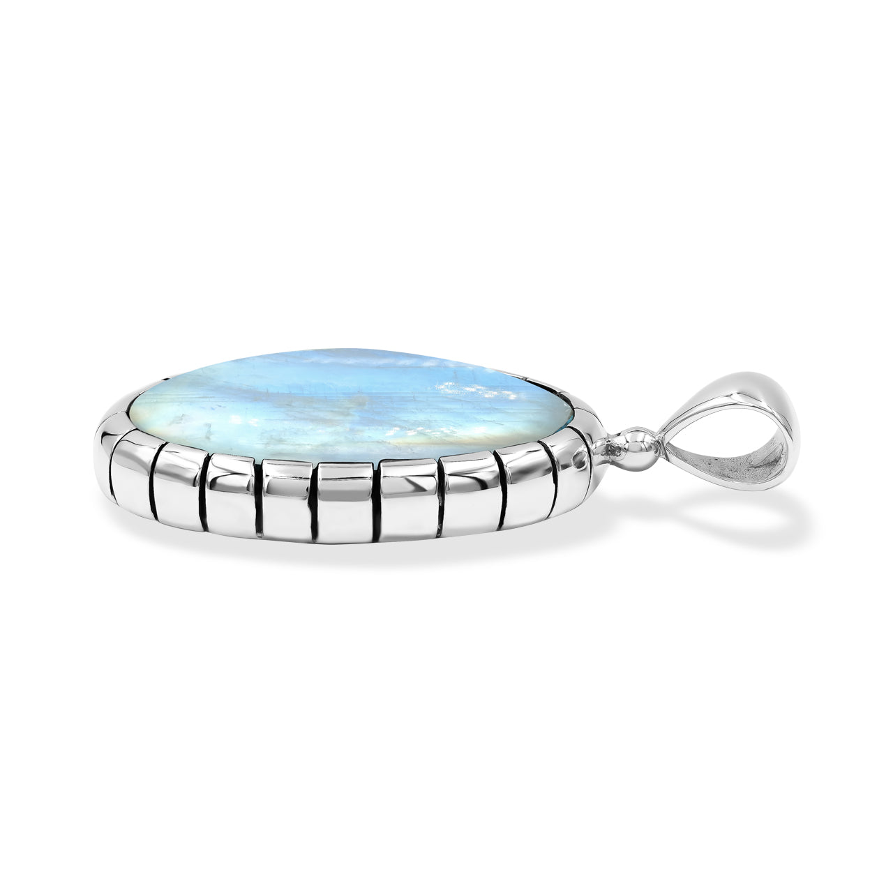 Starborn Rainbow Moonstone Oval Pendant Featuring Striped Accent Bezel in Sterling Silver