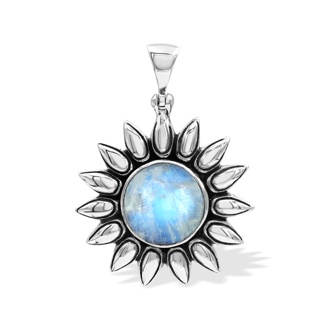 Starborn Rainbow Moonstone Sunflower Pendant in Sterling Silver
