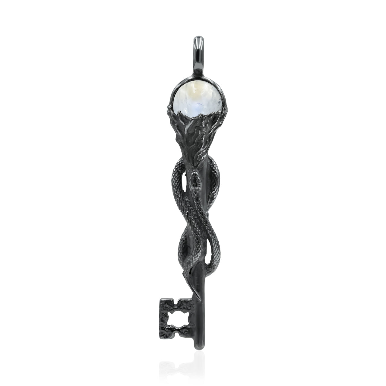 Starborn Rainbow Moonstone Sphere 10mm Hecate Skeleton Key Torch Pendant with Snake in Sterling Silver