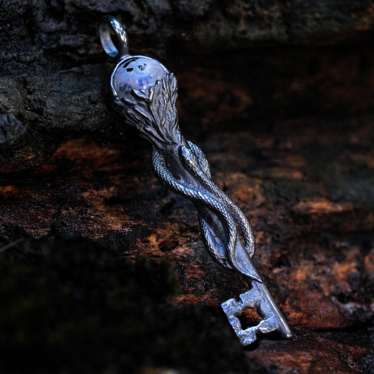 Starborn Rainbow Moonstone Hecate Skeleton Key Torch Pendant with Snake in Sterling Silver