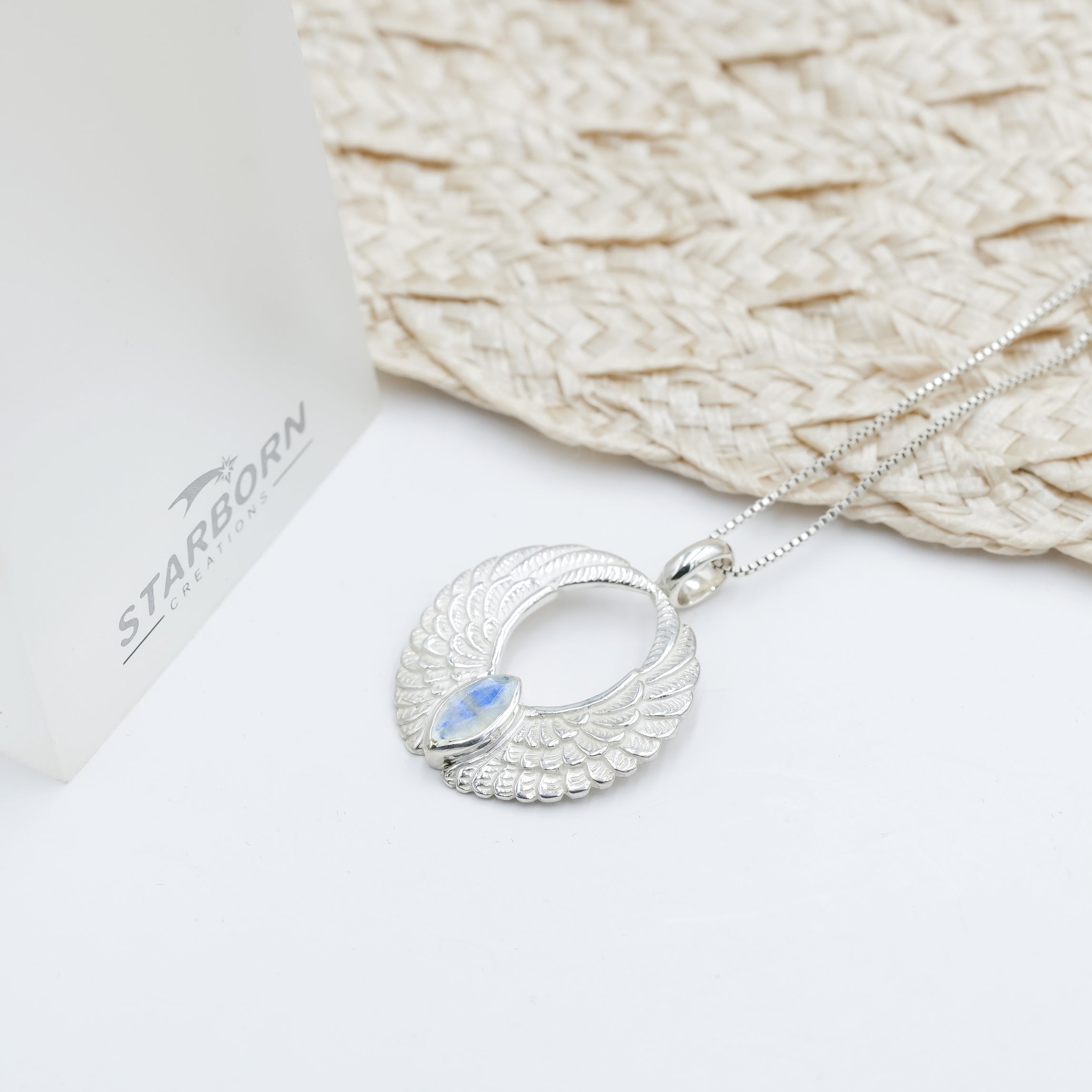 Starborn Angel Wings Pendant with Marquise Gemstone in Sterling Silver