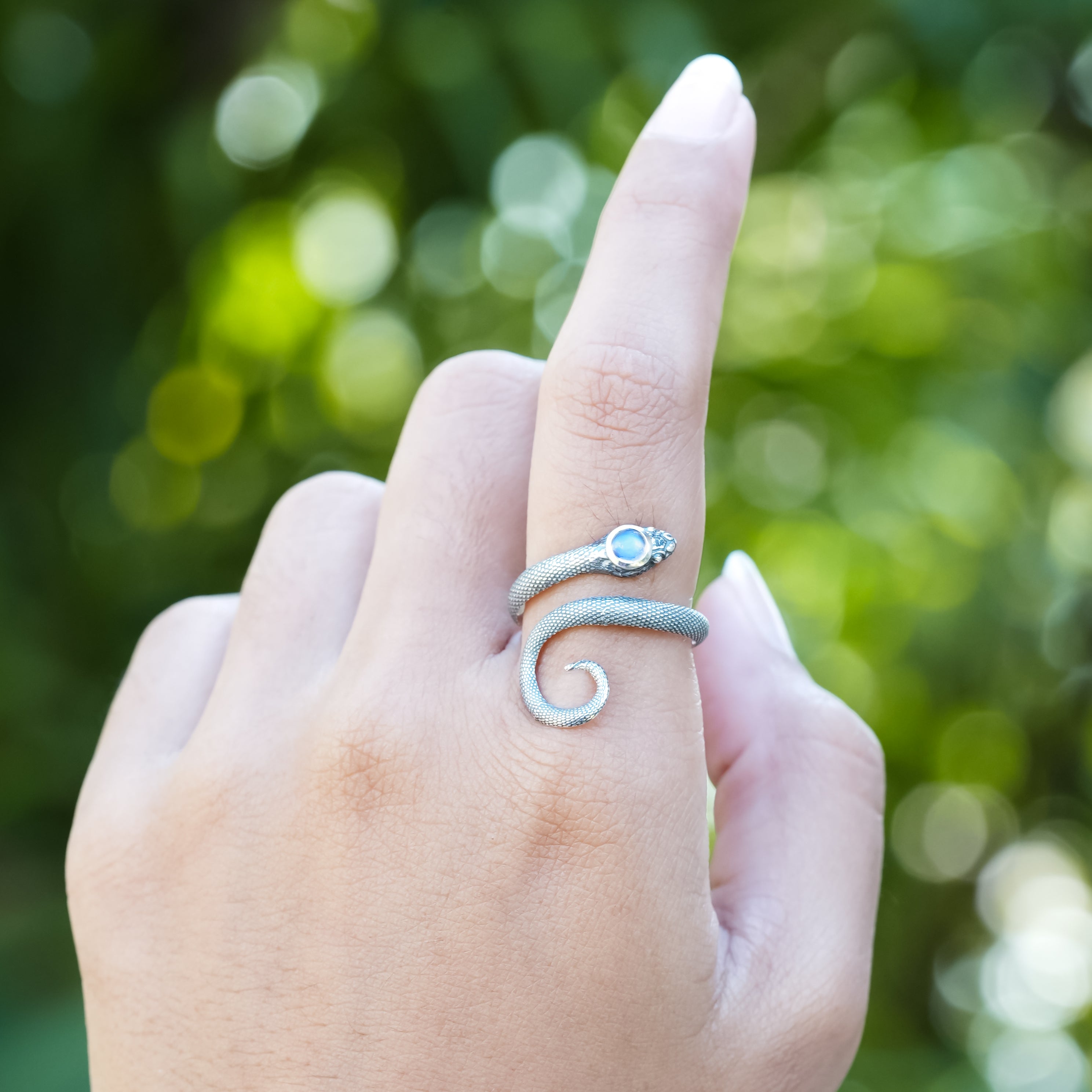 Starborn Coiled Snake Ring with Cabochon Rainbow Moonstone in Sterling Silver