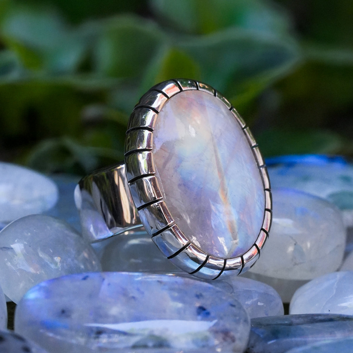 Starborn Rainbow Moonstone Strip Bezel Ring in Sterling Silver