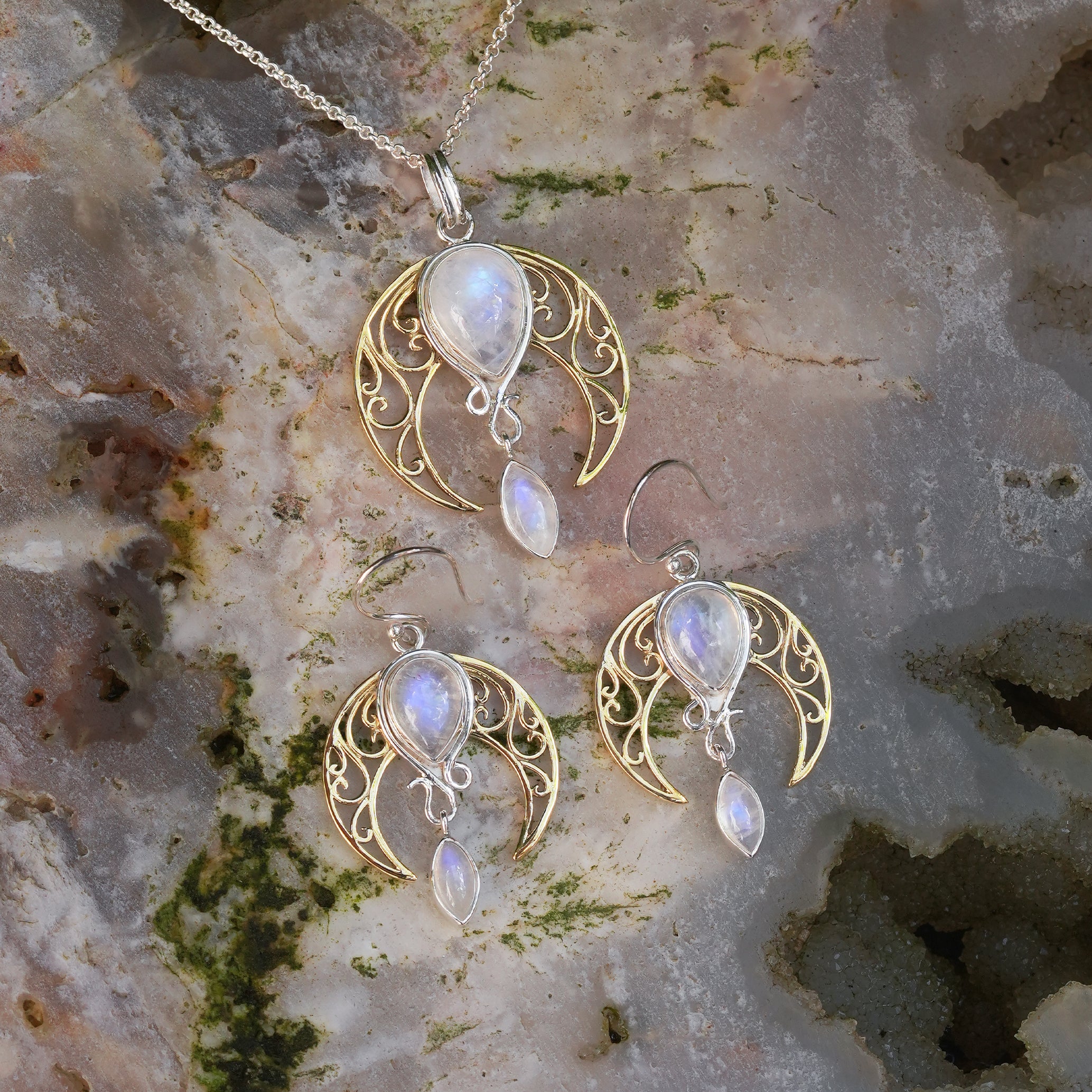 Colgante y pendientes celestiales de piedra lunar arcoíris Starborn