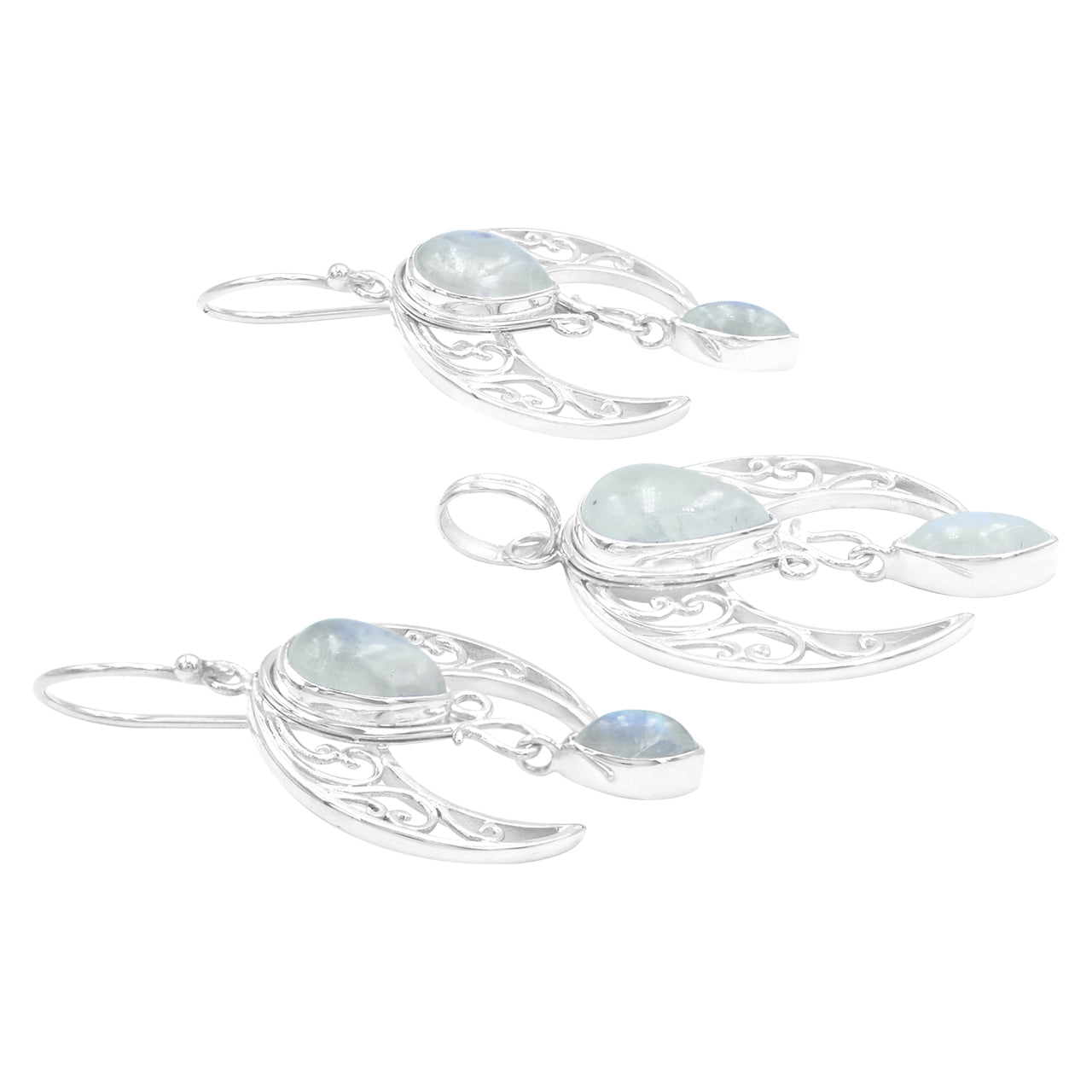 Starborn Rainbow Moonstone Celestial Pendant and Earring Set in Sterling Silver