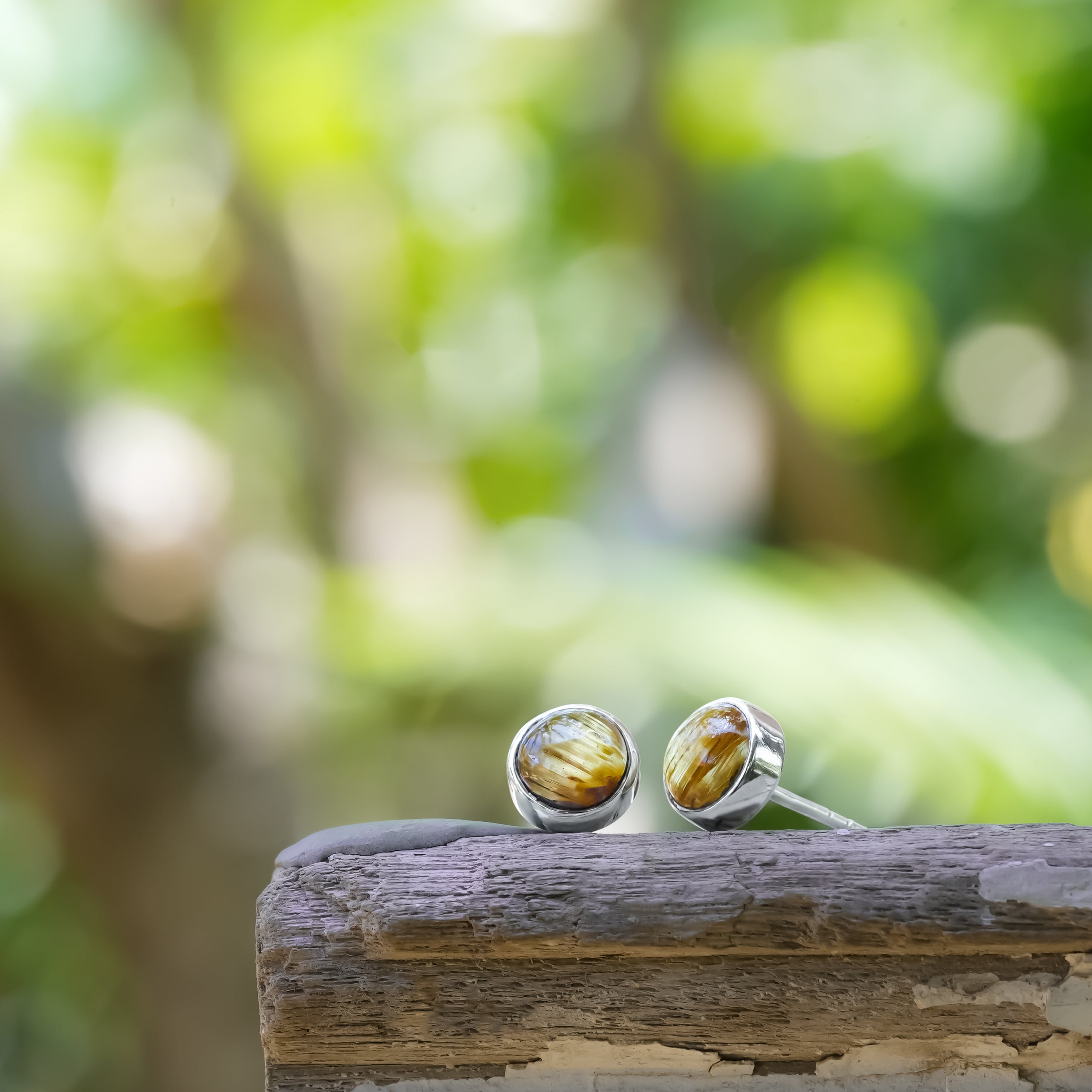 Starborn Rutilated Quartz Round 7mm Post Earrings in Sterling Silver