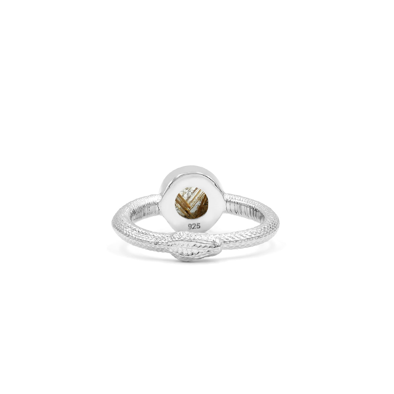 Starborn Ouroboros Ring with Round Rutilated Quartz in Sterling Silver