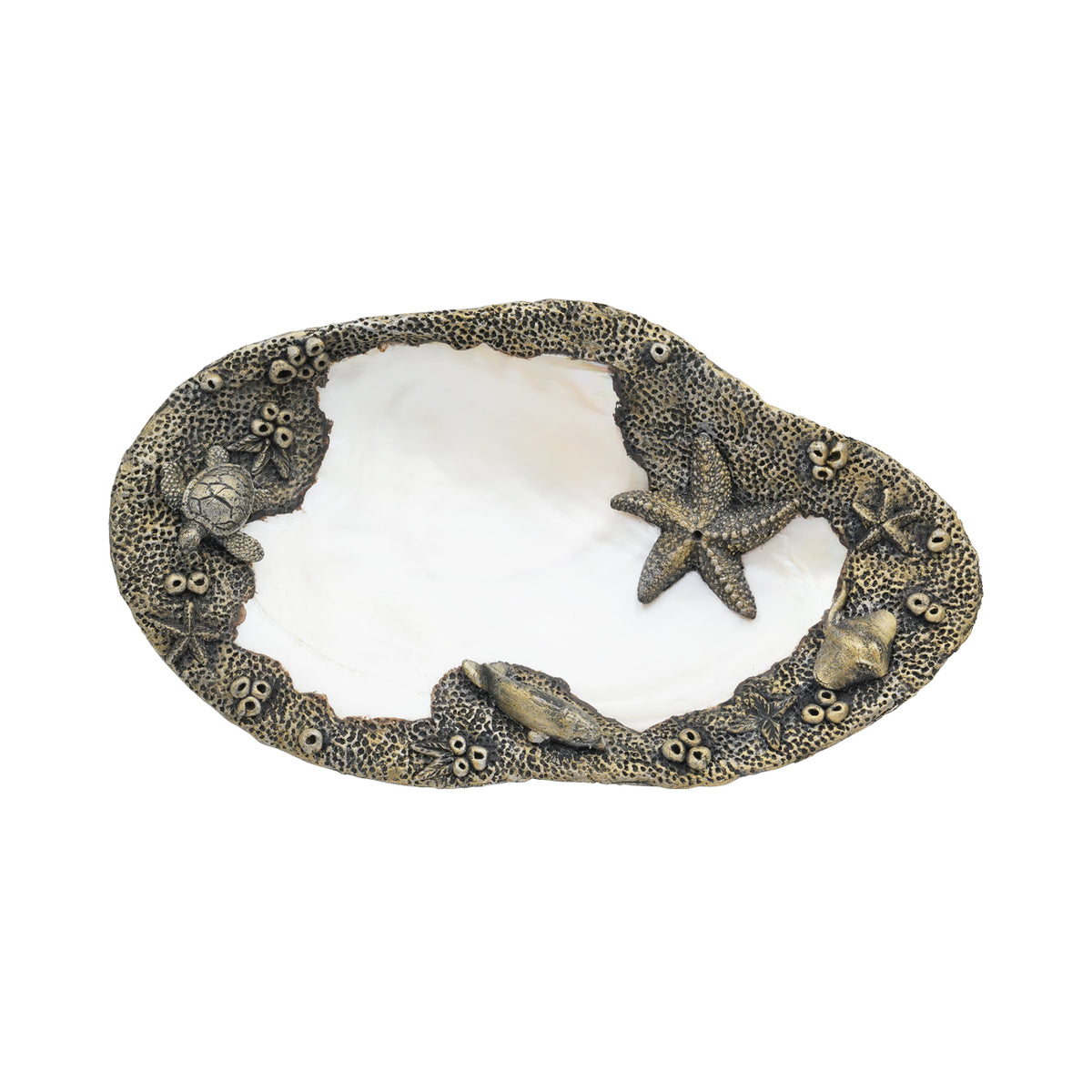Starborn Pearl Mussel Shell Incense Holder with Hand-Carved Sea Life Clay Art