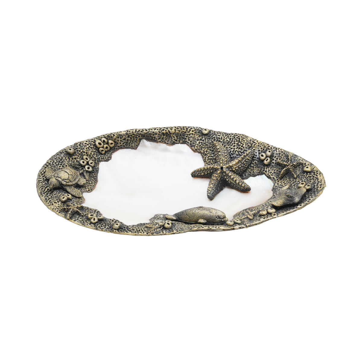 Starborn Pearl Mussel Shell Incense Holder with Hand-Carved Sea Life Clay Art