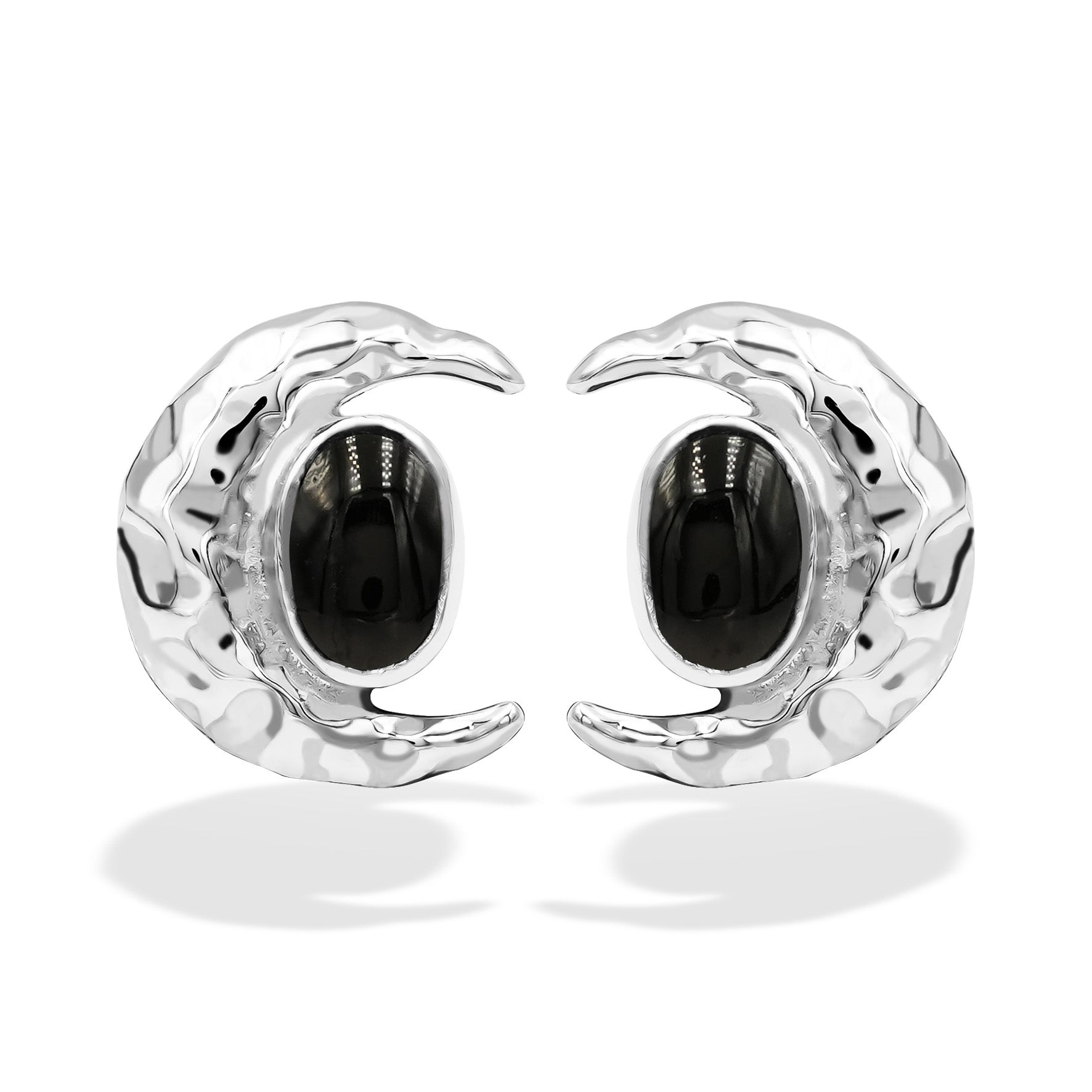 Starborn Polished Elite Shungite Oval Post Earrings with Crescent Moon Accent in Sterling Silver