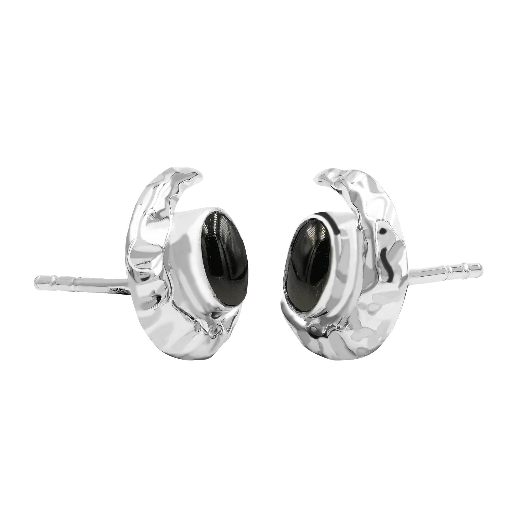 Starborn Polished Elite Shungite Oval Post Earrings with Crescent Moon Accent in Sterling Silver