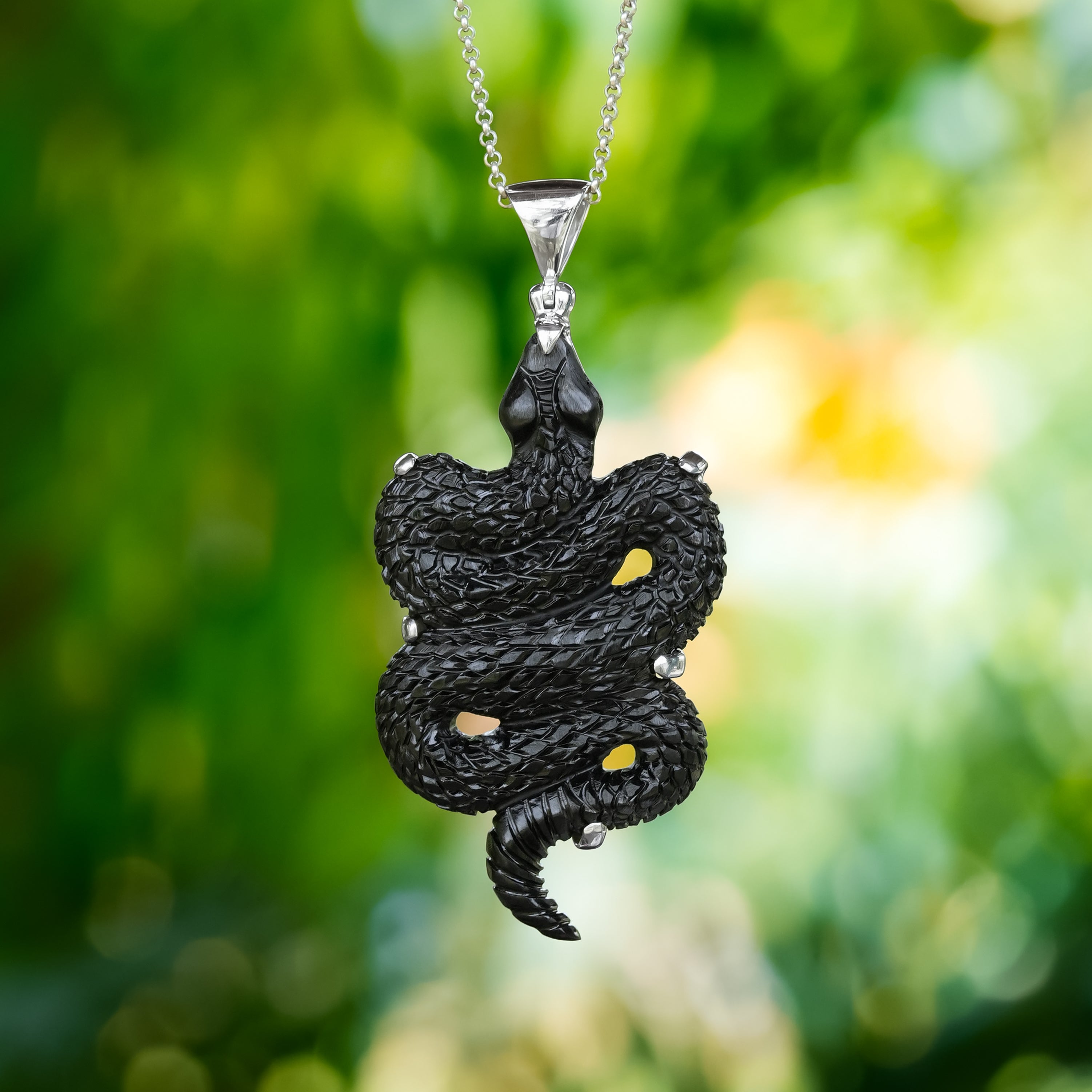 Starborn Shungite Carved Snake Pendant in Sterling Silver