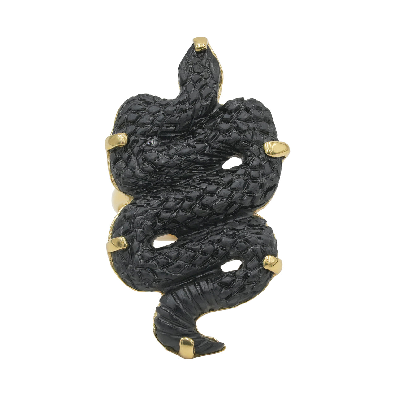 Starborn Hand Carved Shungite Snake Adjustable Ring in Nordic Gold