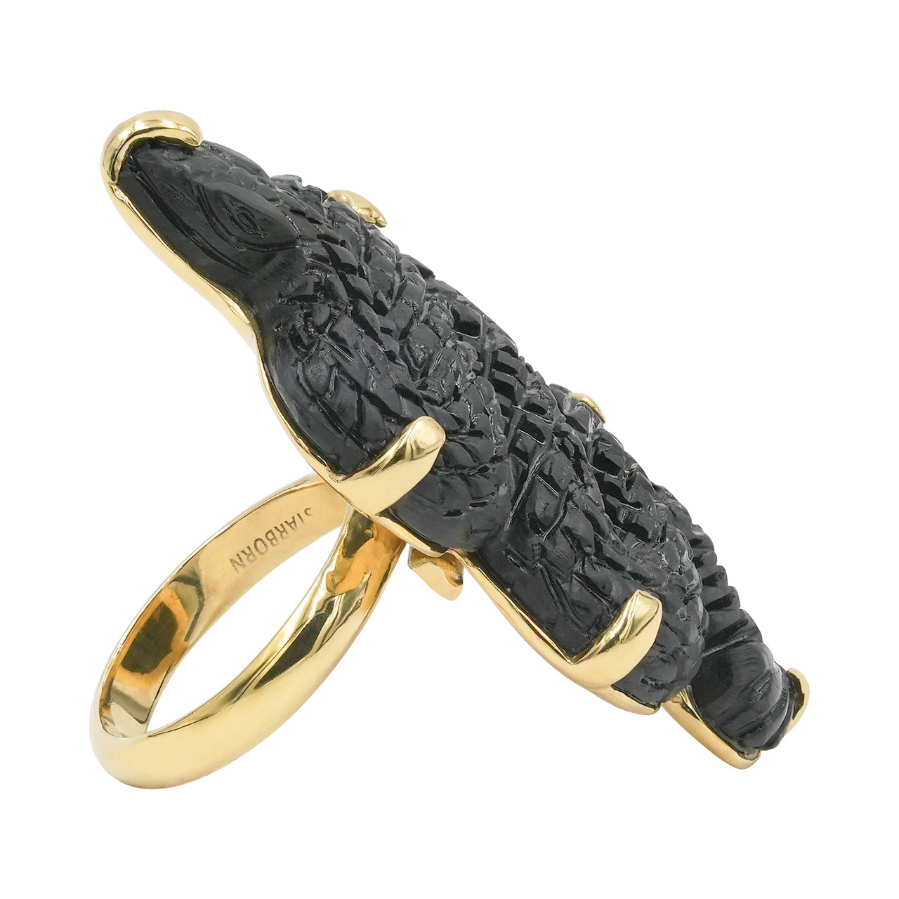 Starborn Hand Carved Shungite Snake Adjustable Ring in Nordic Gold