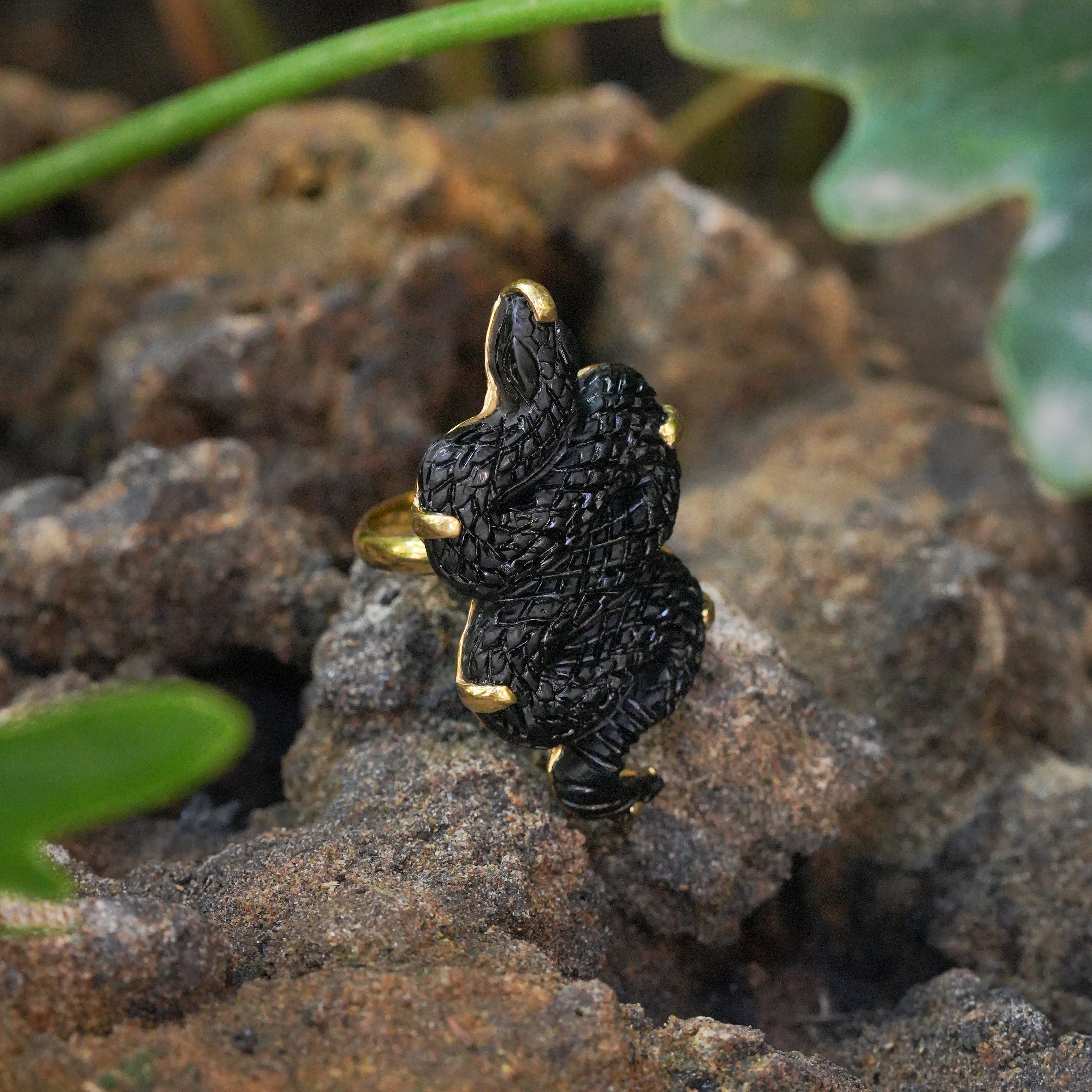 Starborn Hand Carved Shungite Snake Adjustable Ring in Nordic Gold