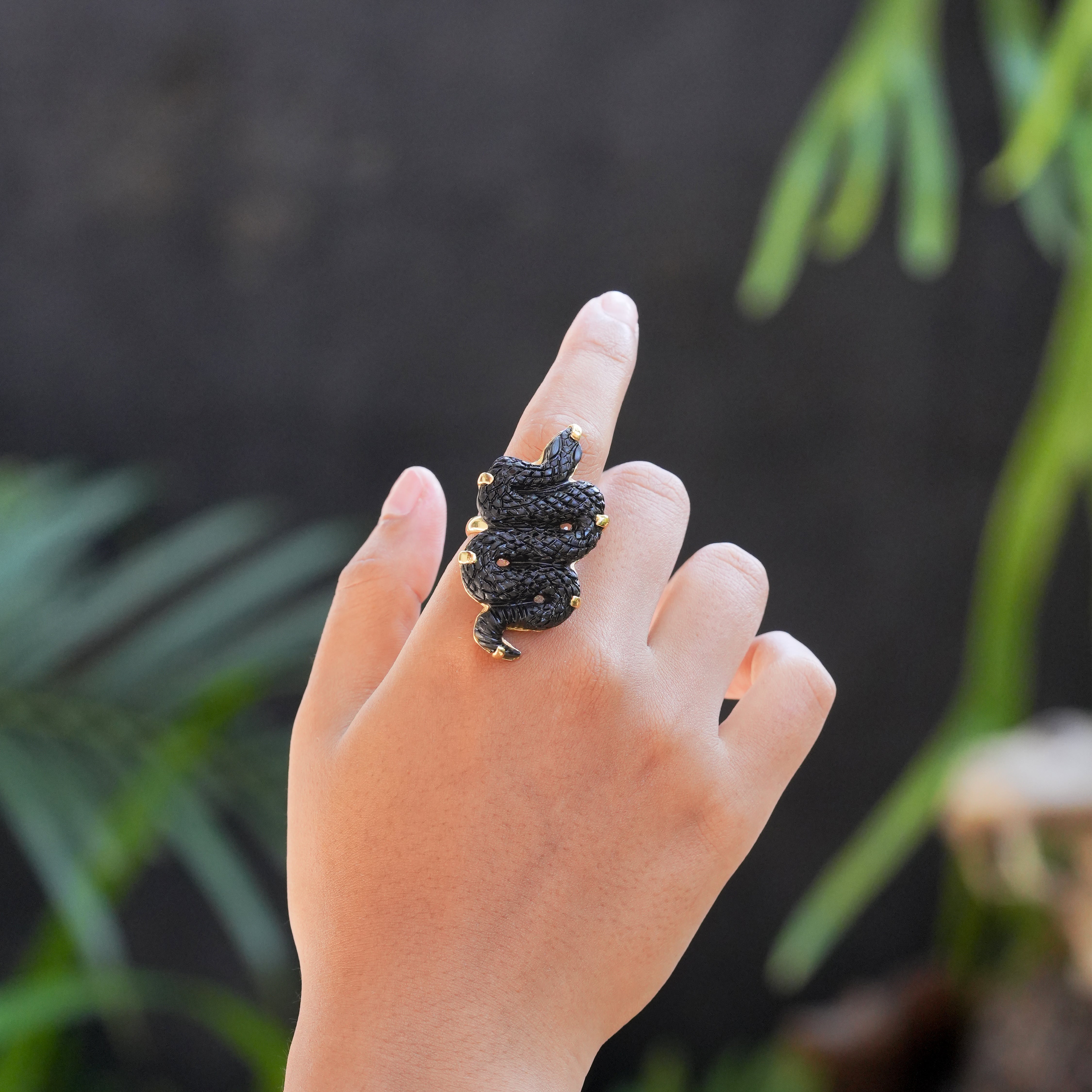 Starborn Hand Carved Shungite Snake Adjustable Ring in Nordic Gold