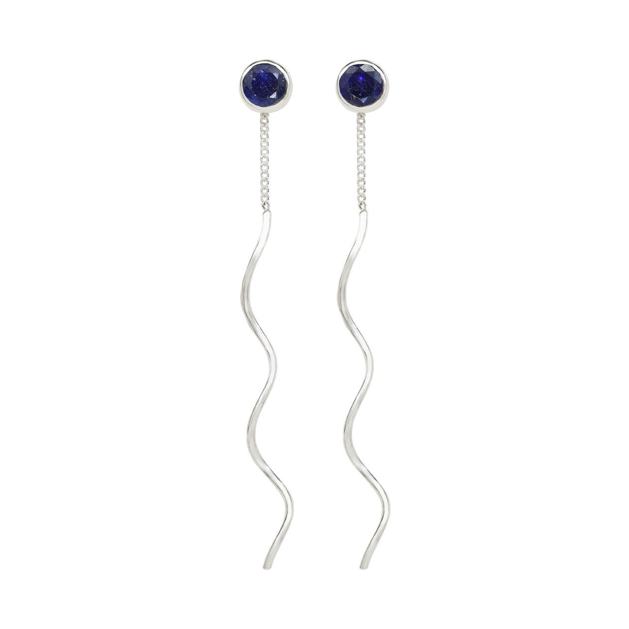 Starborn Faceted Sapphire Stud Earrings with Flowing Curled Wire Drop in Sterling Silver