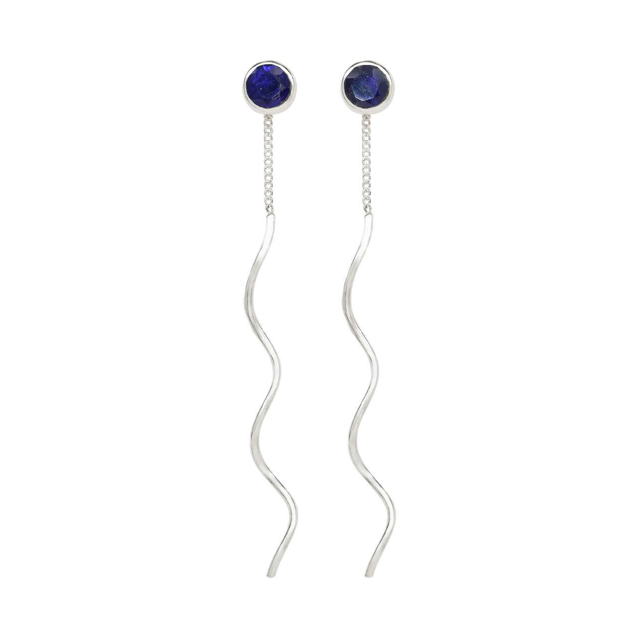 Starborn Faceted Sapphire Stud Earrings with Flowing Curled Wire Drop in Sterling Silver