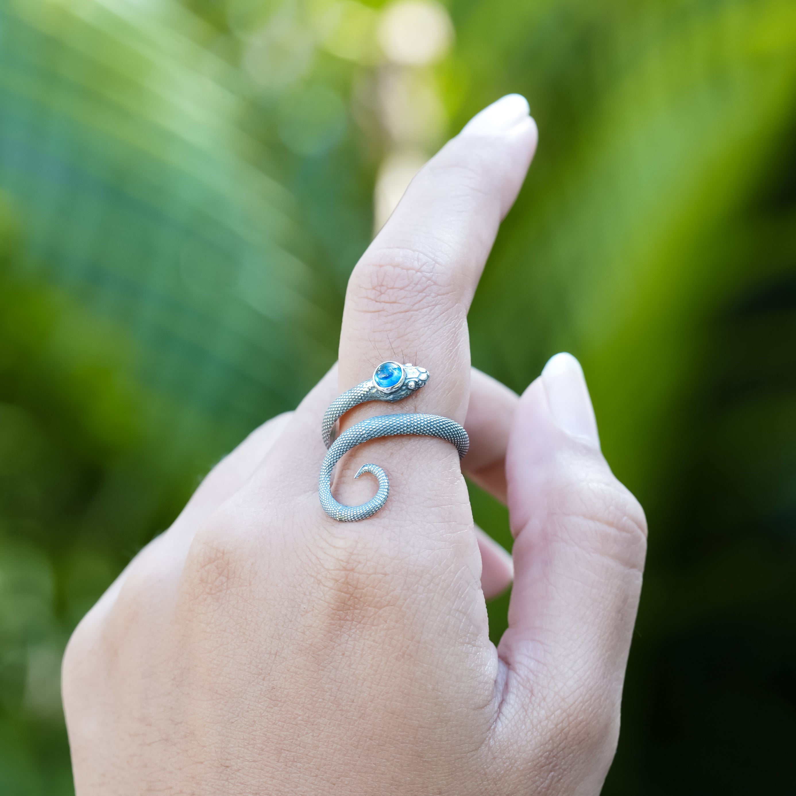 Starborn Coiled Snake Ring with Polished Sapphire in Sterling Silver