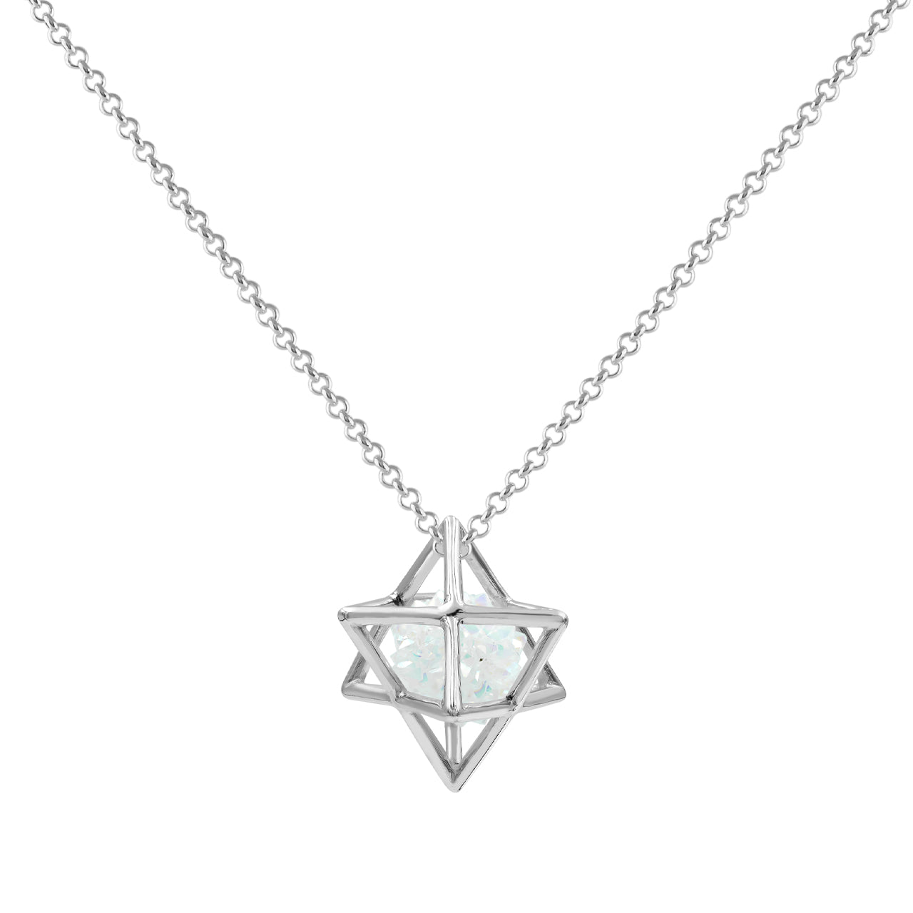 Starborn Natural Raw Spirit Quartz in Merkabah Sterling Silver Cage Pendant and Chain