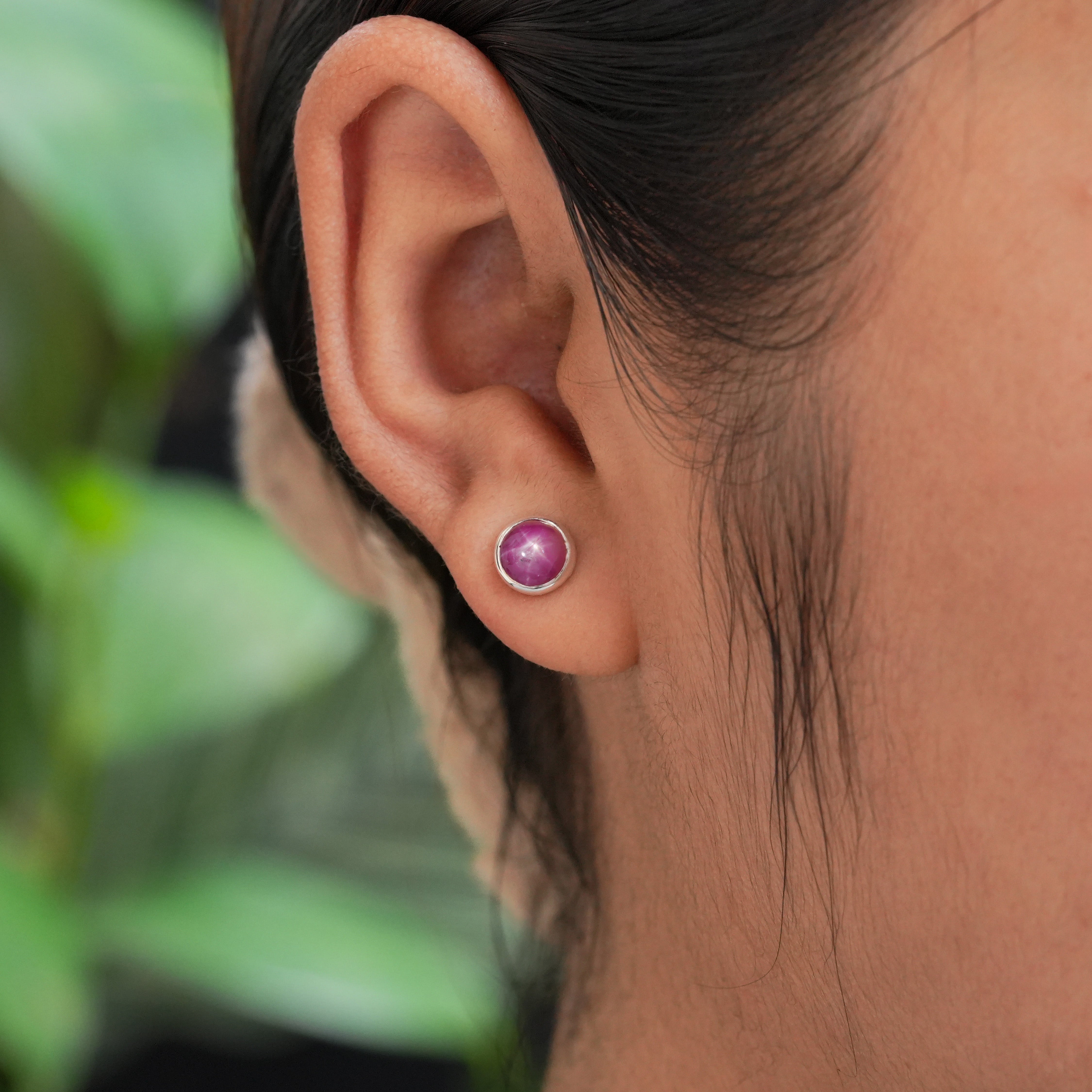 Starborn Star Ruby Round Cabochon Post Style Earrings in Sterling Silver