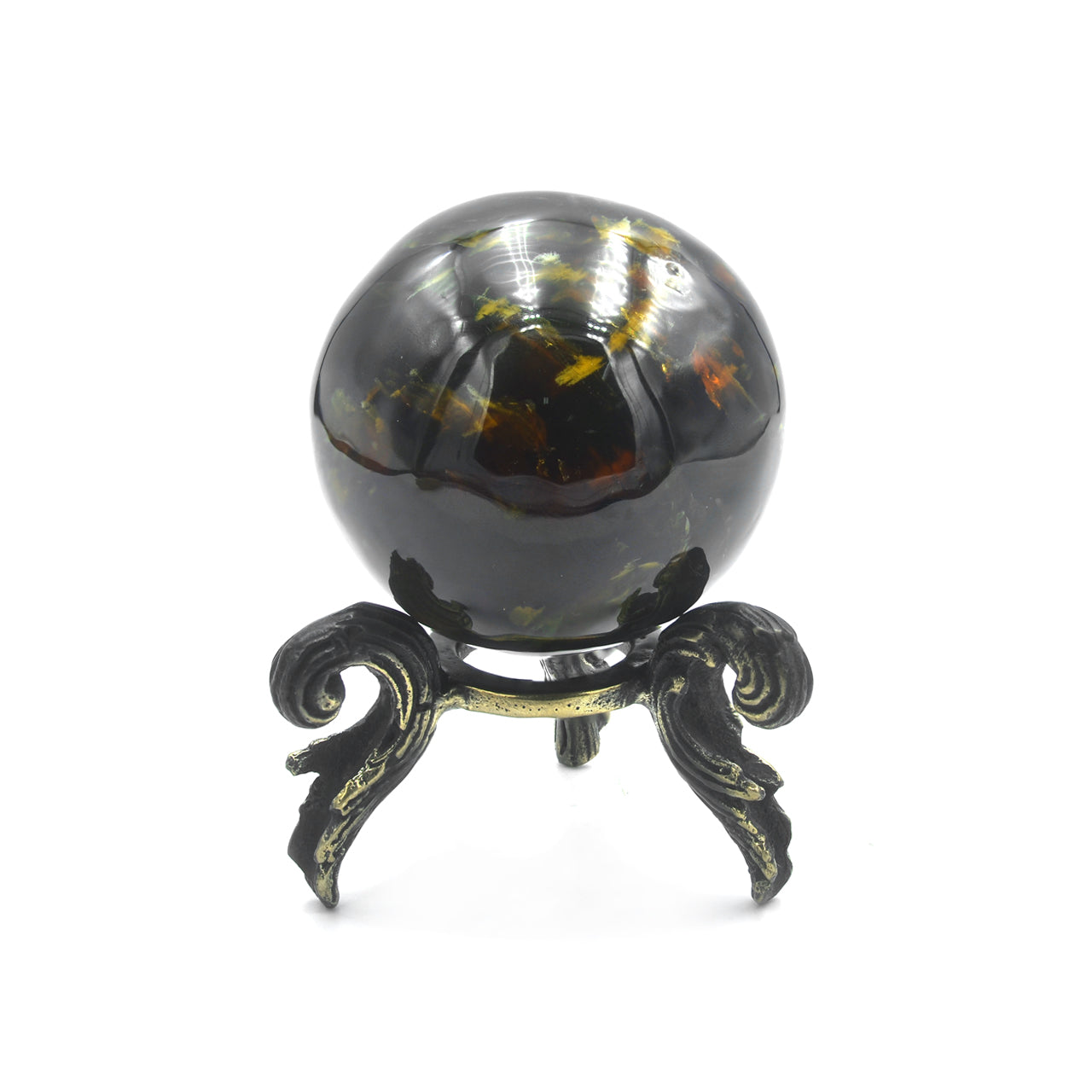 Esfera de exhibición ámbar de melena de león de Sumatra de Starborn con soporte de latón