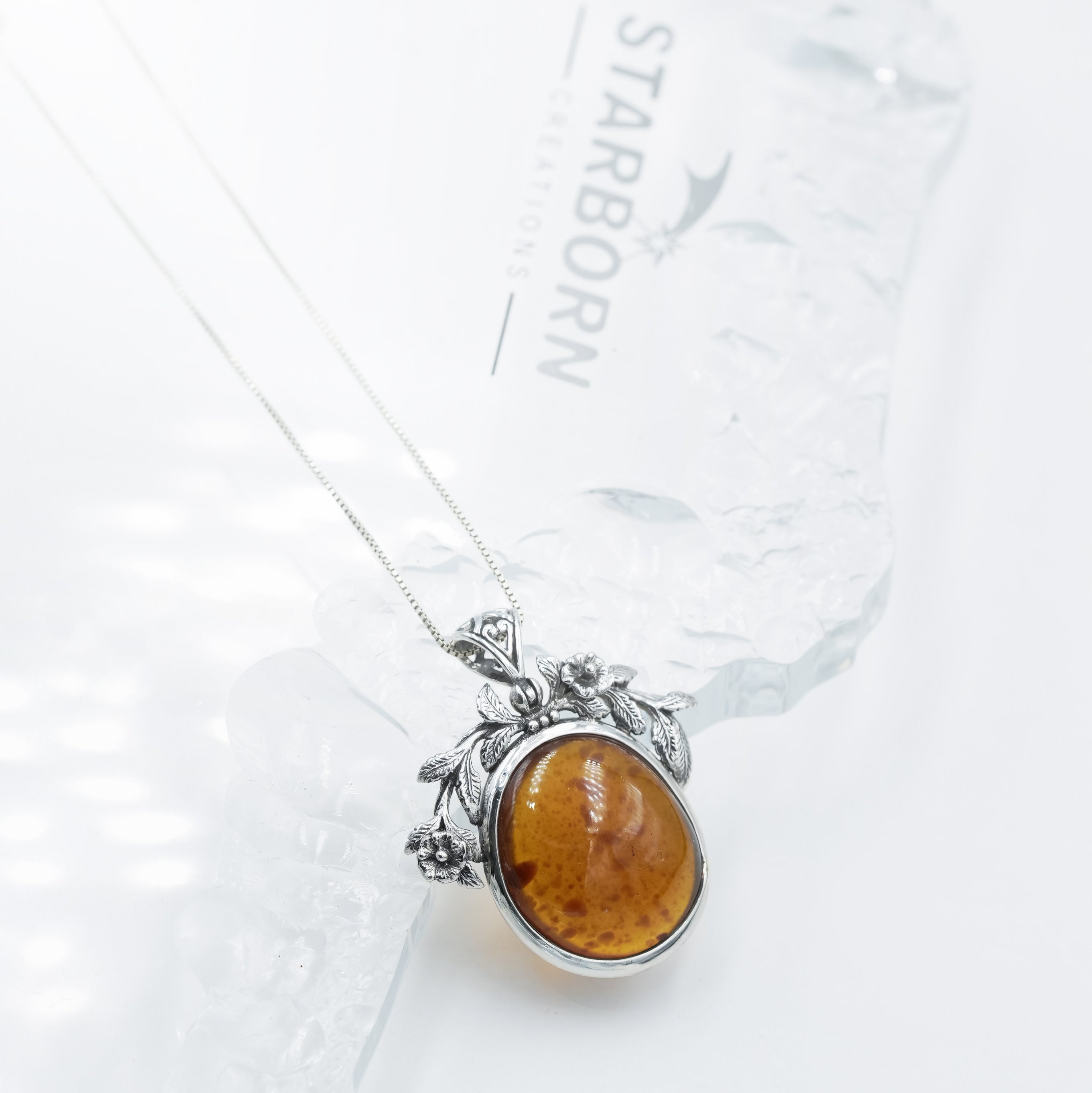 Starborn Sumatra Amber Floral Design Pendant in Sterling Silver