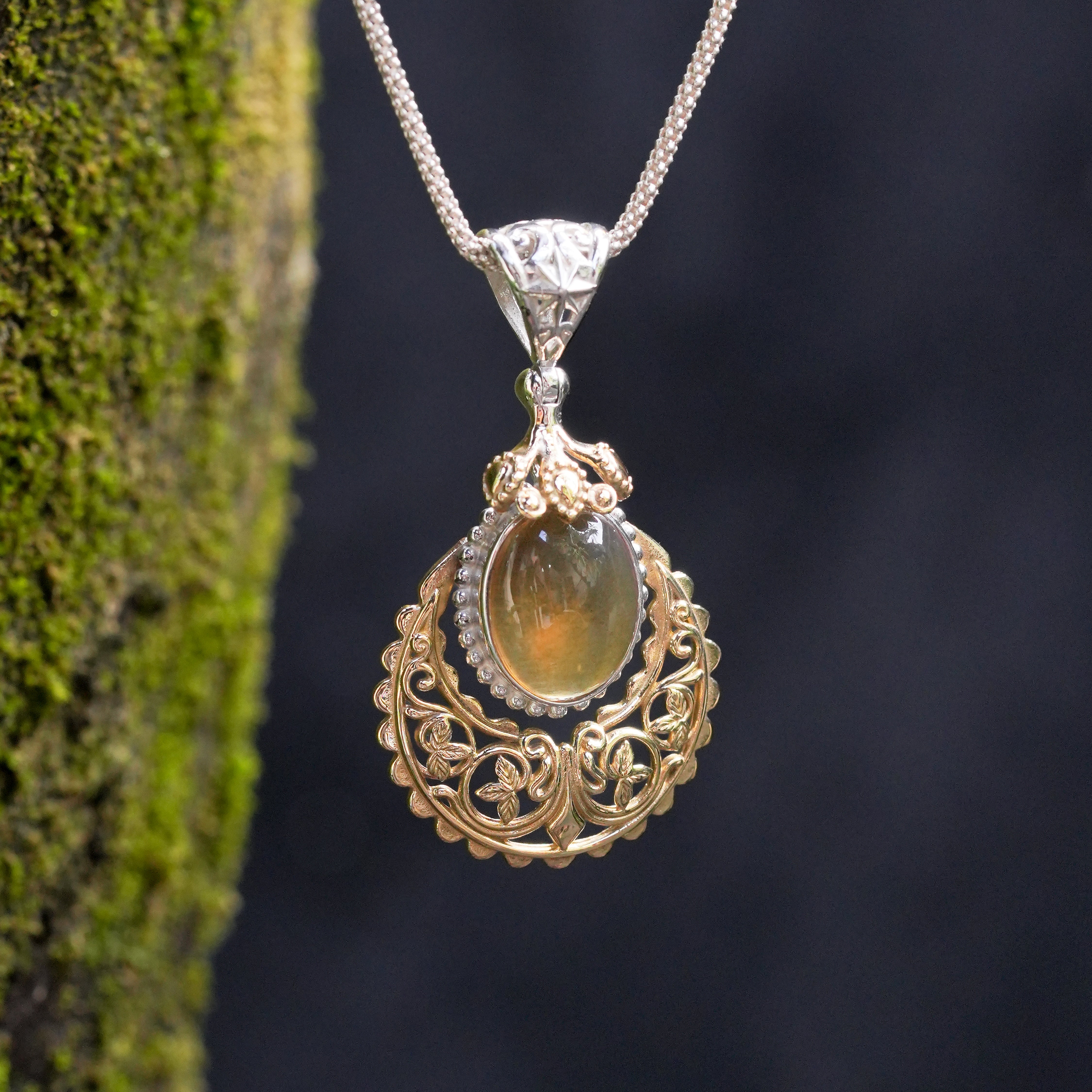 Starborn Sumatra Amber Floral Filigree Scrollwork Pendant in Sterling Silver & Nordic Gold