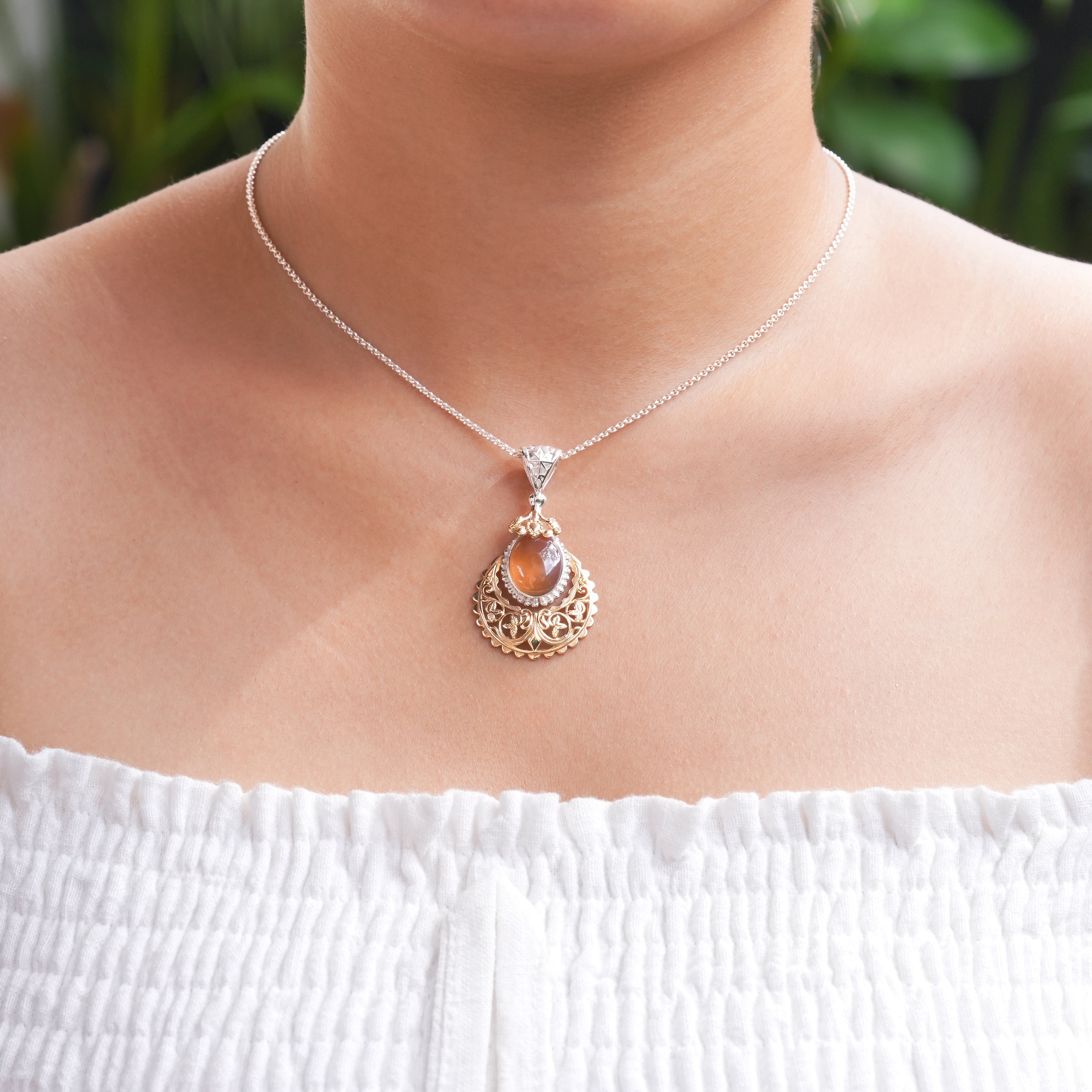 Starborn Sumatra Amber Floral Filigree Scrollwork Pendant in Sterling Silver & Nordic Gold