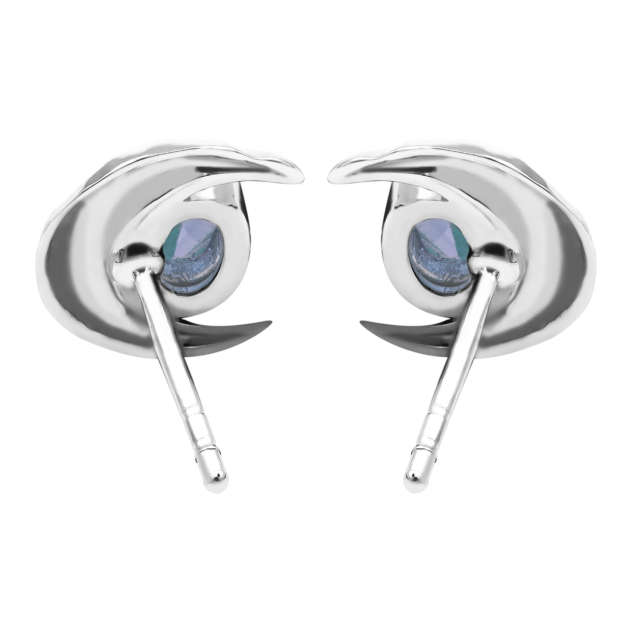 Starborn Faceted Oval Tanzanite Post Earrings with Hammered Crescent Moon Accent in Sterling Silver