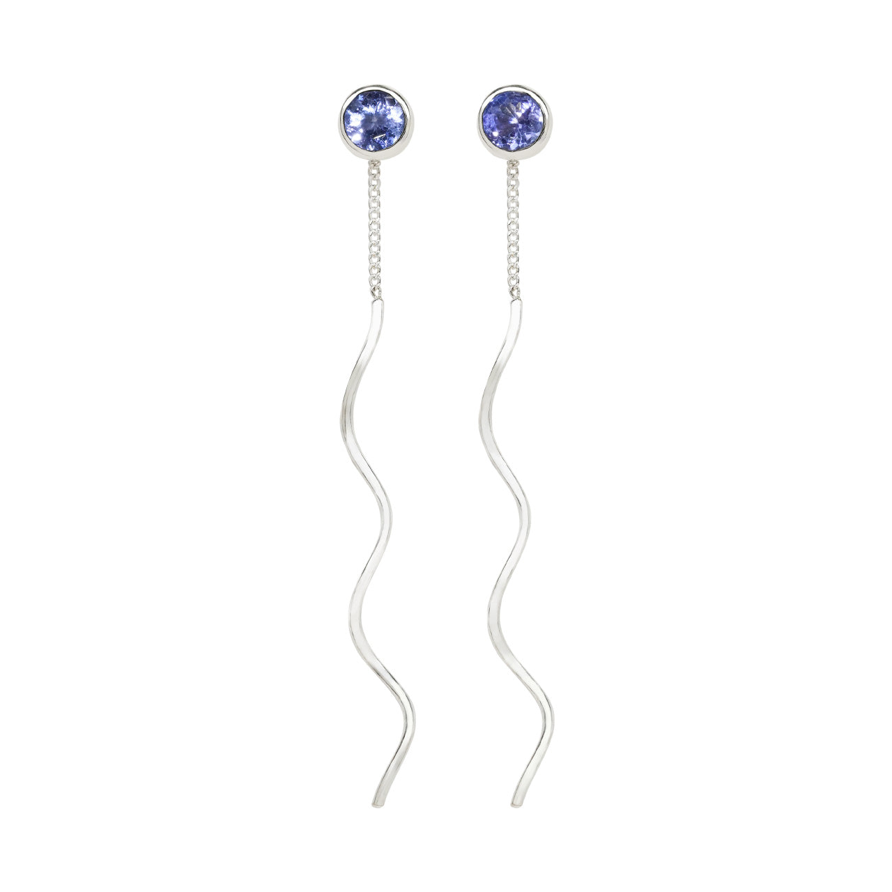 Starborn Faceted Tanzanite Stud Earrings with Flowing Curled Wire Drop in Sterling Silver