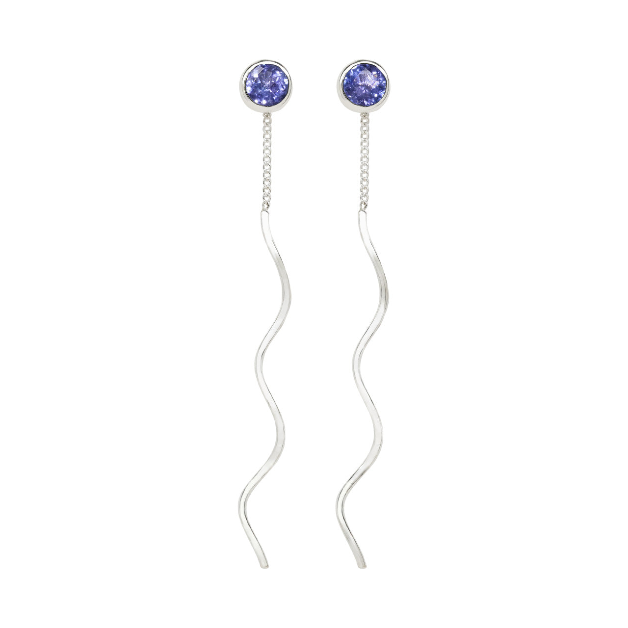 Starborn Faceted Tanzanite Stud Earrings with Flowing Curled Wire Drop in Sterling Silver