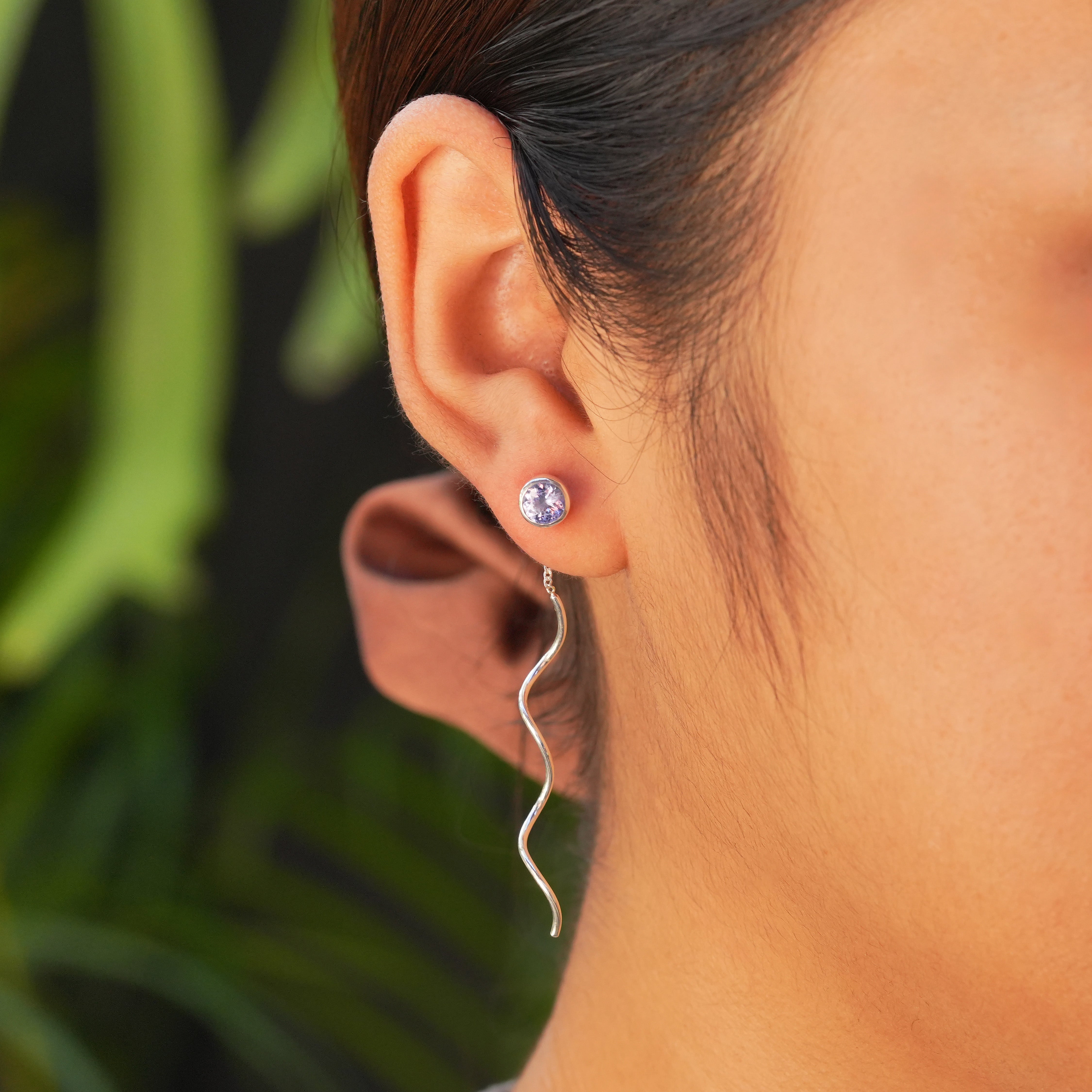 Starborn Faceted Tanzanite Stud Earrings with Flowing Curled Wire Drop in Sterling Silver